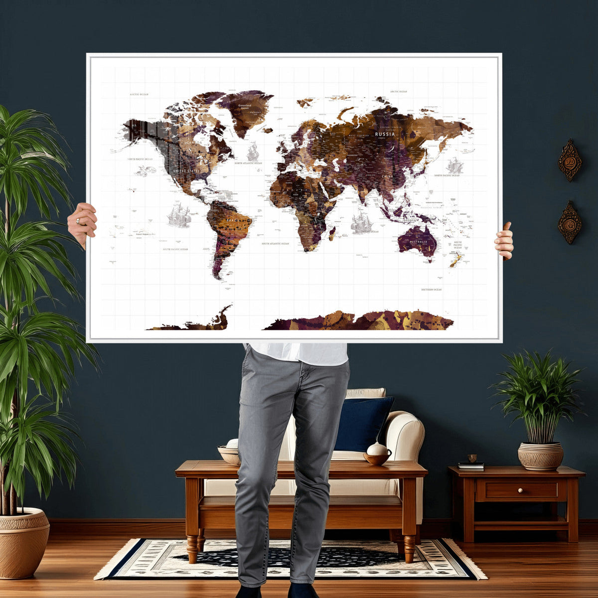 Rustic World Map Wall Art Canvas Print | Large World Map on