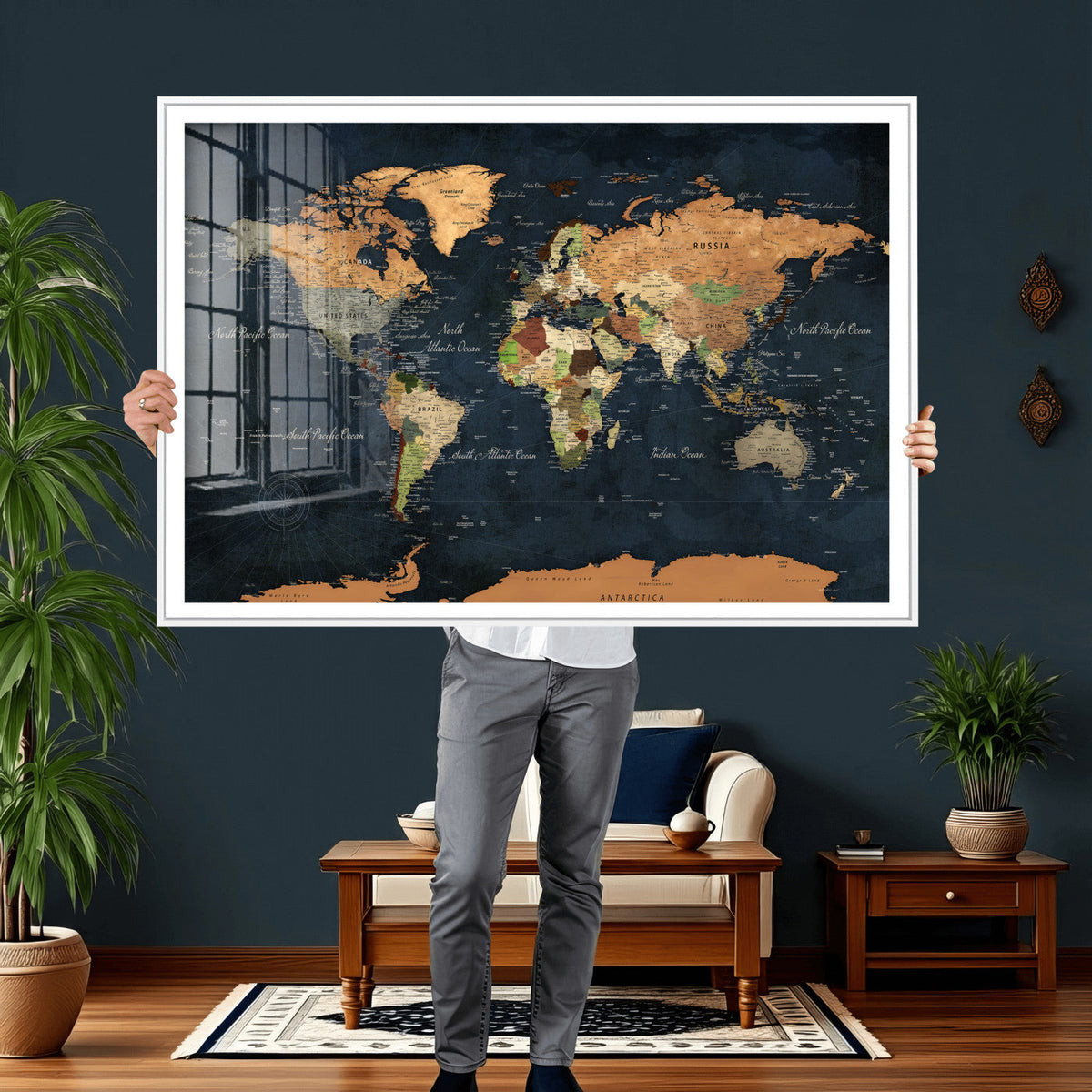 Vintage World Map Canvas Wall Art – Detailed Map with