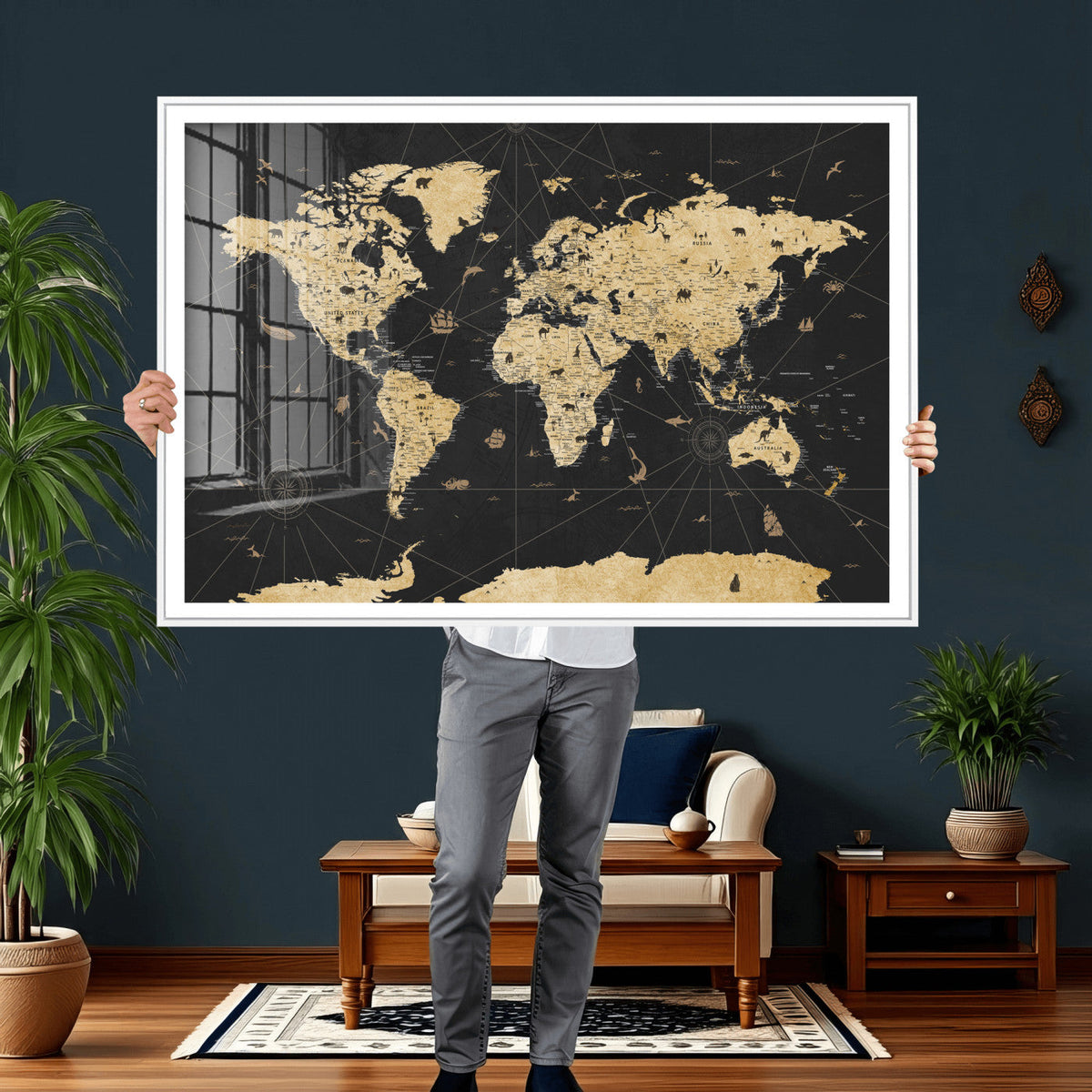 Vintage Blue and Brown World Map Canvas Wall Art – Framed
