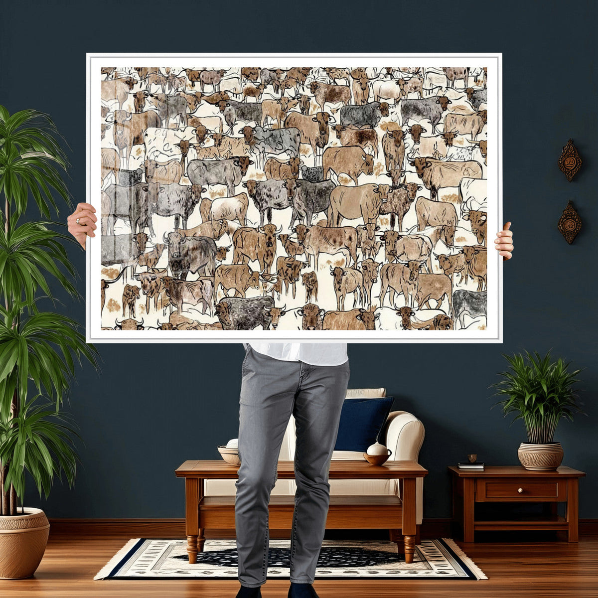 Abstract Longhorn Wall Art Canvas Print - Cow Animal Drawing