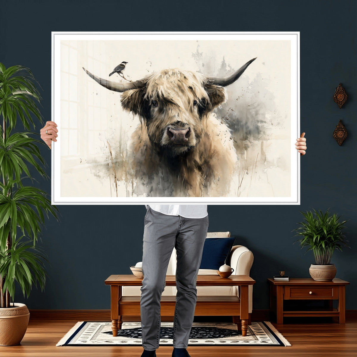 Abstract Highland Cow Wall Art Canvas Print, Rustic Farm