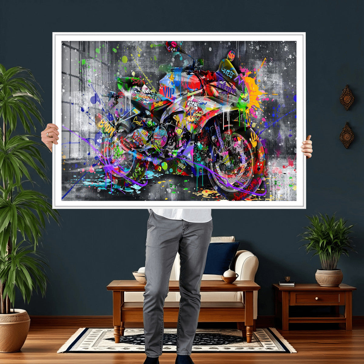 Graffiti Motorcycle Wall Art Canvas Print, Urban Street Art