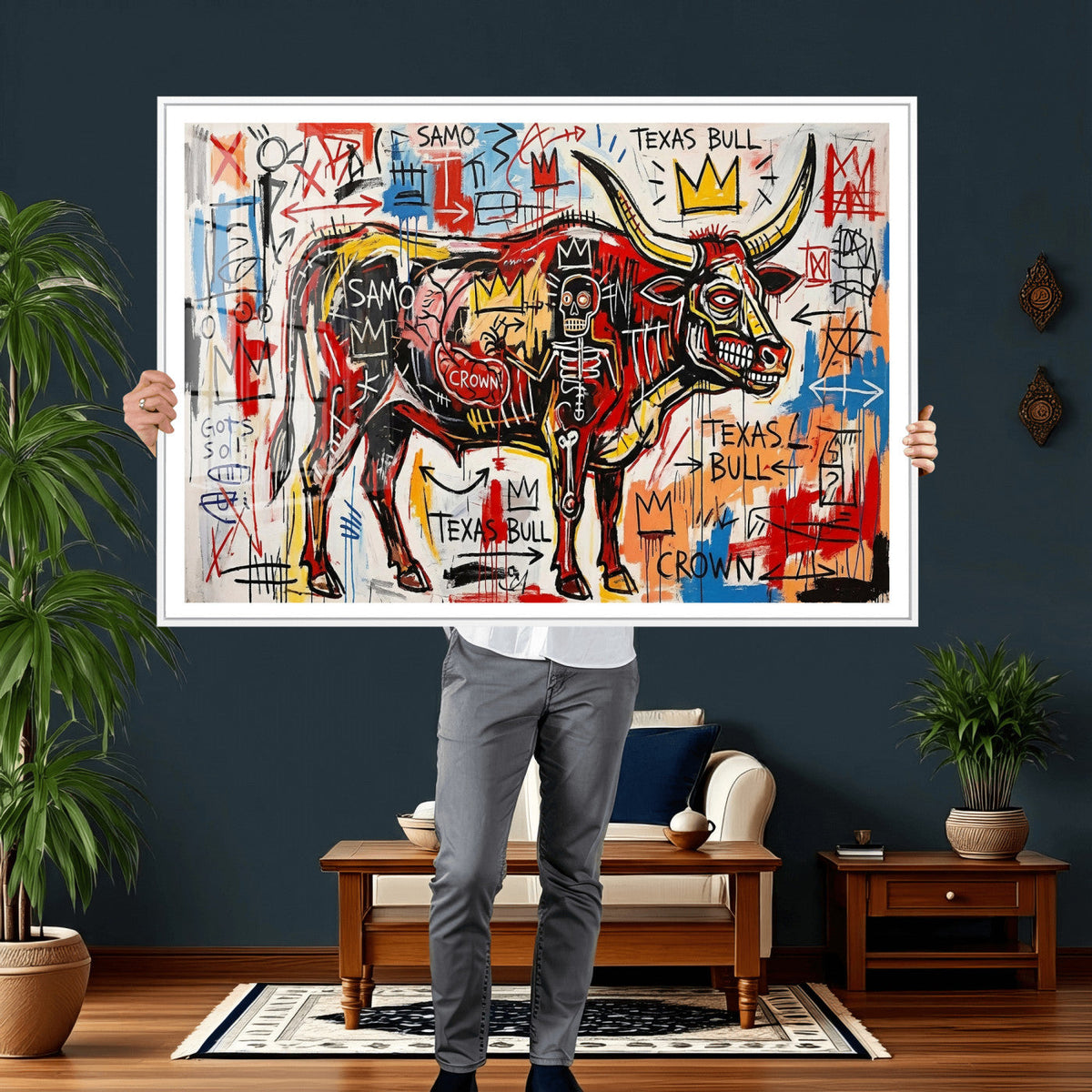 Texas Bull Wall Art Canvas Print, Abstract Graffiti Bull