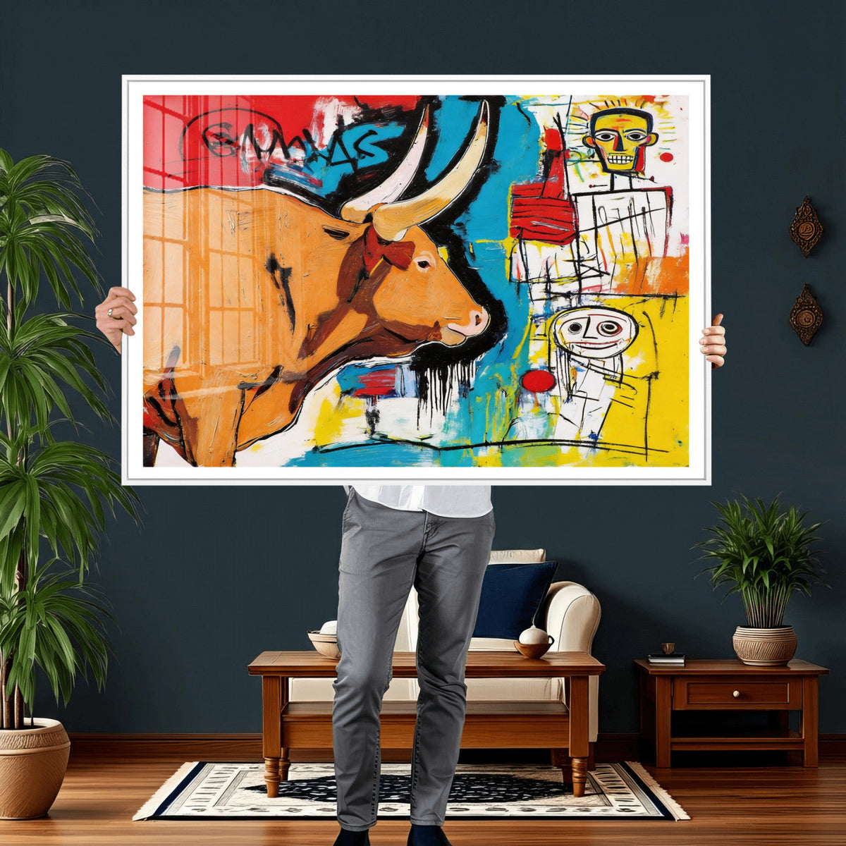 Basquiat Style Bull Graffiti Wall Art Canvas Print, Street