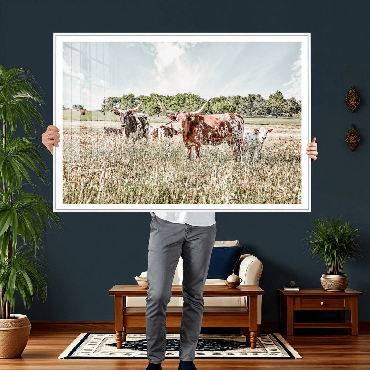 Texas Longhorn Cattle Wall Art Canvas Print, Rustic Ranch