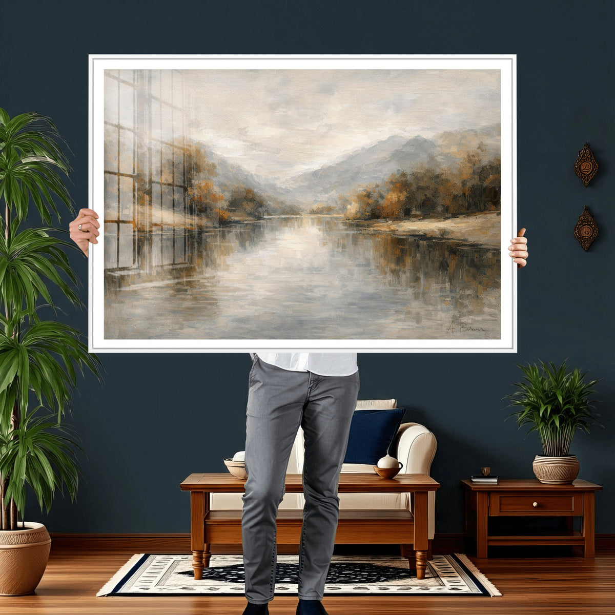 Neutral Abstract River Landscape Wall Art Canvas Print
