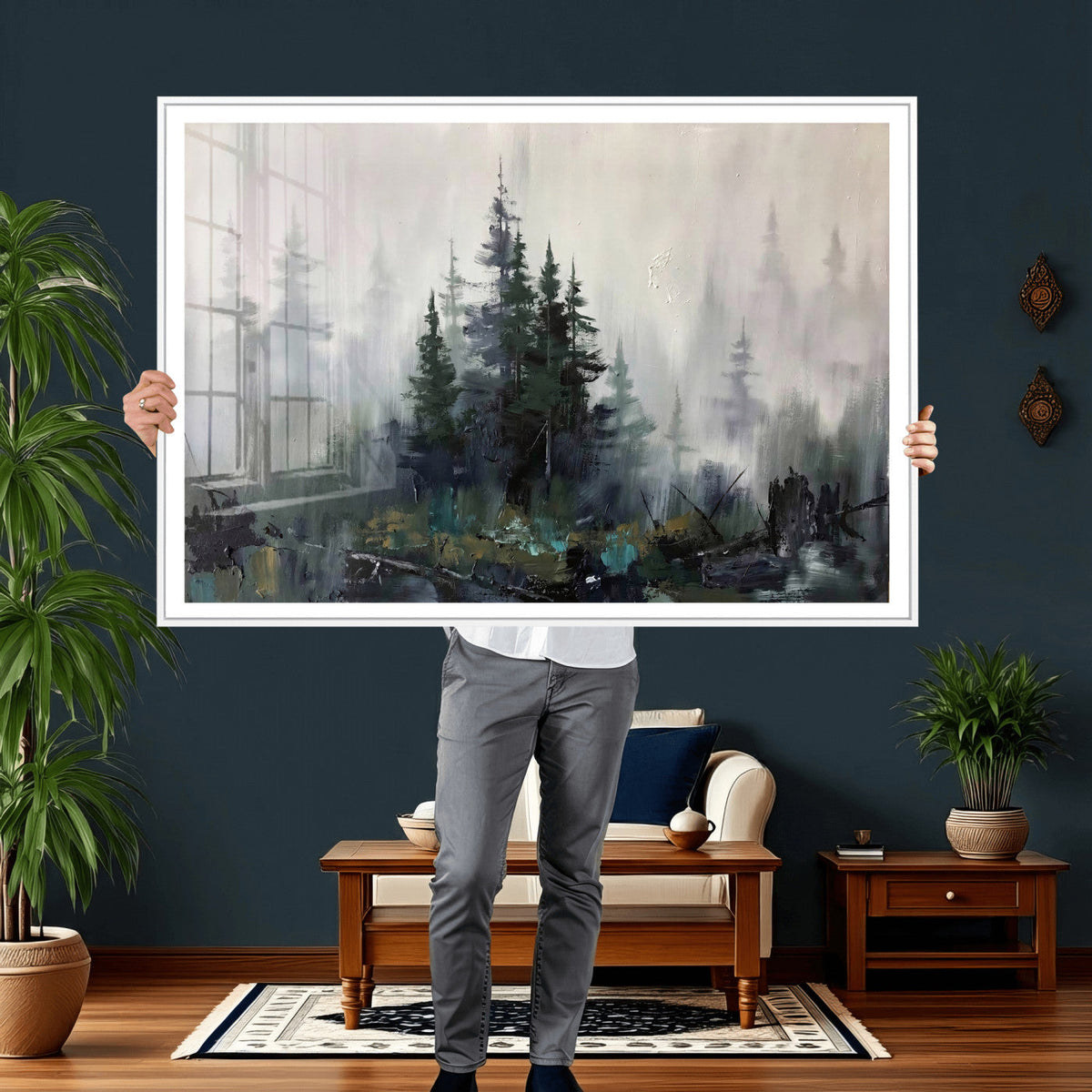 Misty Pine Forest Oil Painting Canvas — Dark Moody Teal Grey