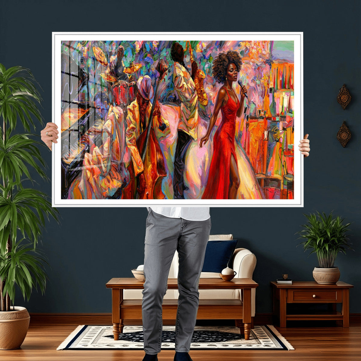 African American Jazz Singer Canvas Art — Red Dress Black