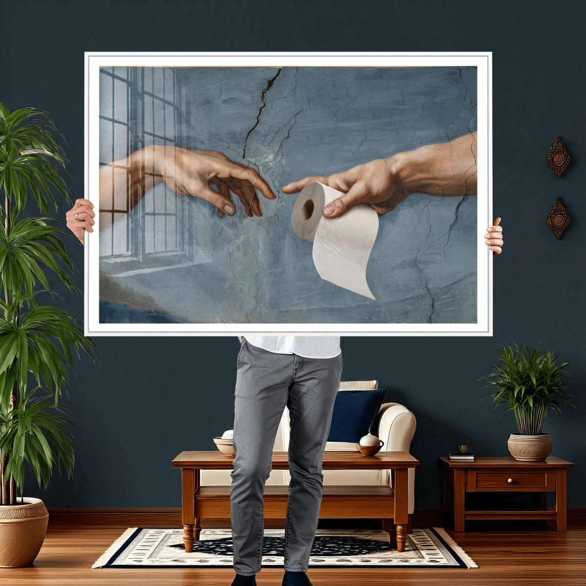 Funny Bathroom Canvas Wall Art, Michelangelo Creation of