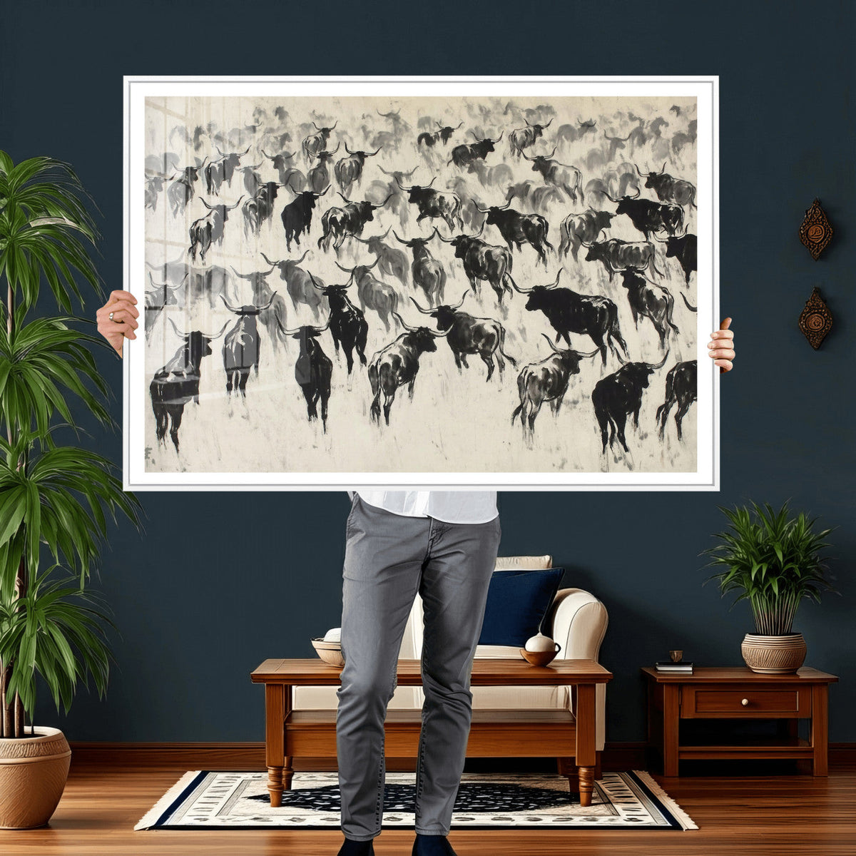 Longhorn Cattle Canvas Wall Art, Black White Stampede Ink