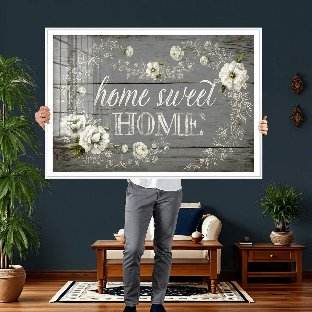 Home Sweet Home Wall Art Canvas Print, Floral Farmhouse