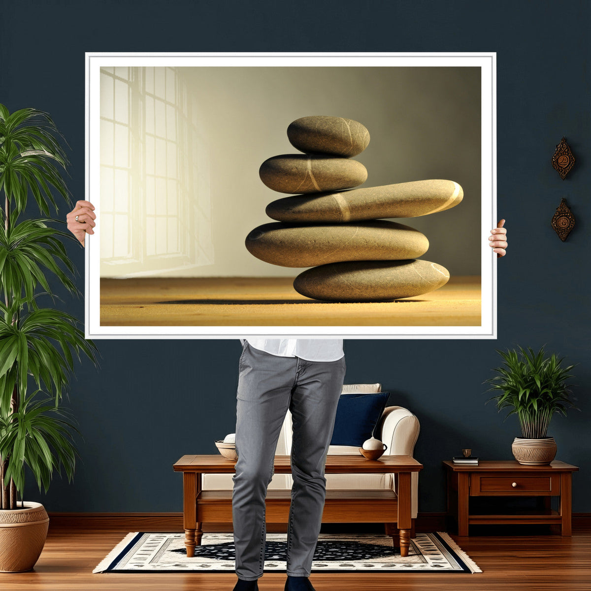 Zen Stone Wall Art Canvas Print, Balanced Rock Stack Framed