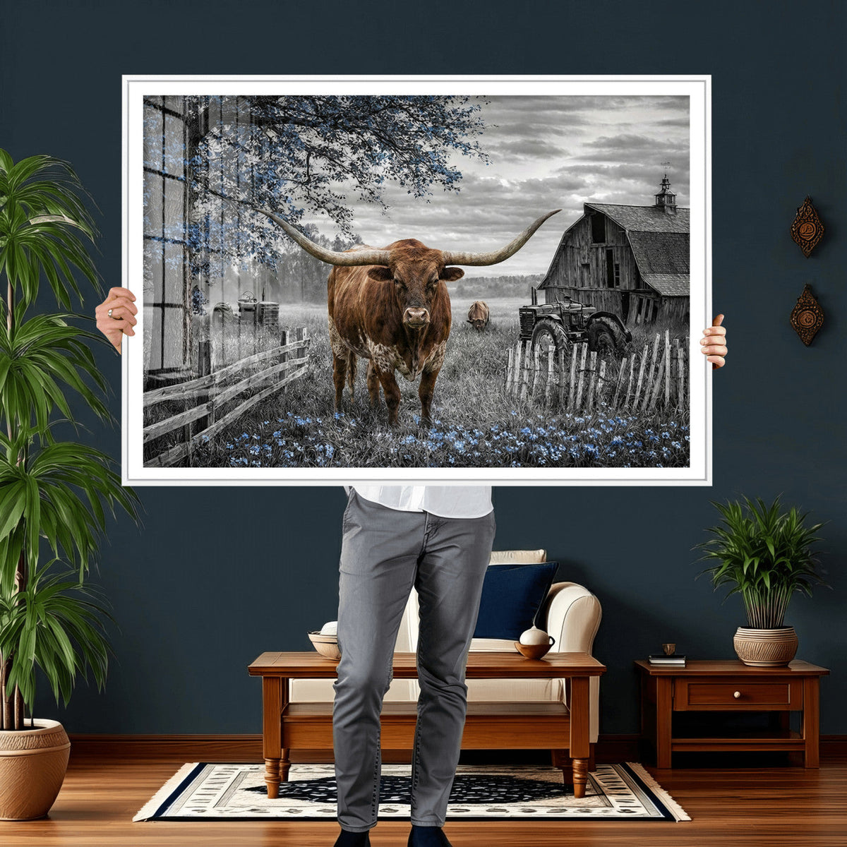 Texas Longhorn Canvas Wall Art, Rustic Farm Barn Bluebonnet