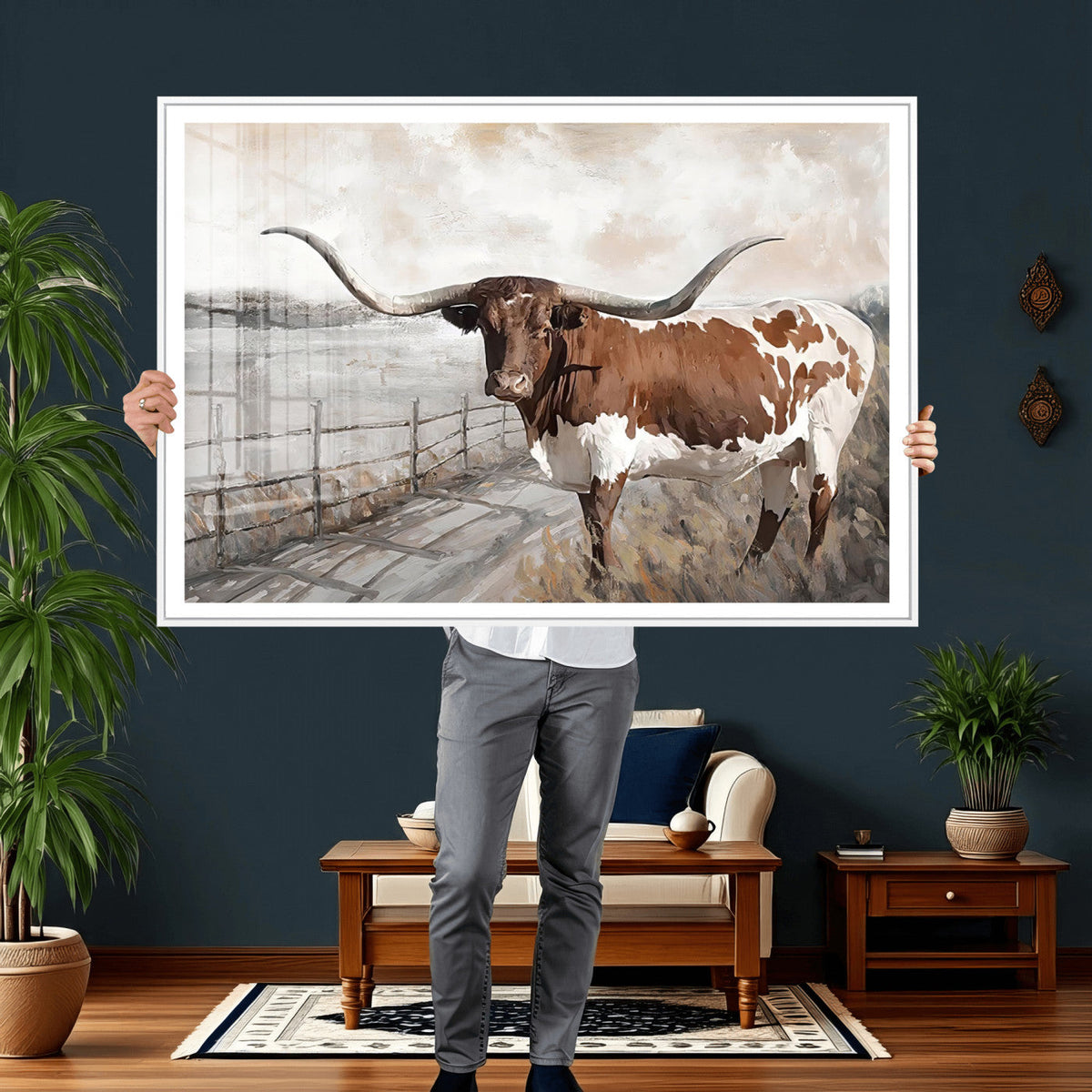 Vintage Texas Cow Wall Art Canvas Print, Rustic Longhorn