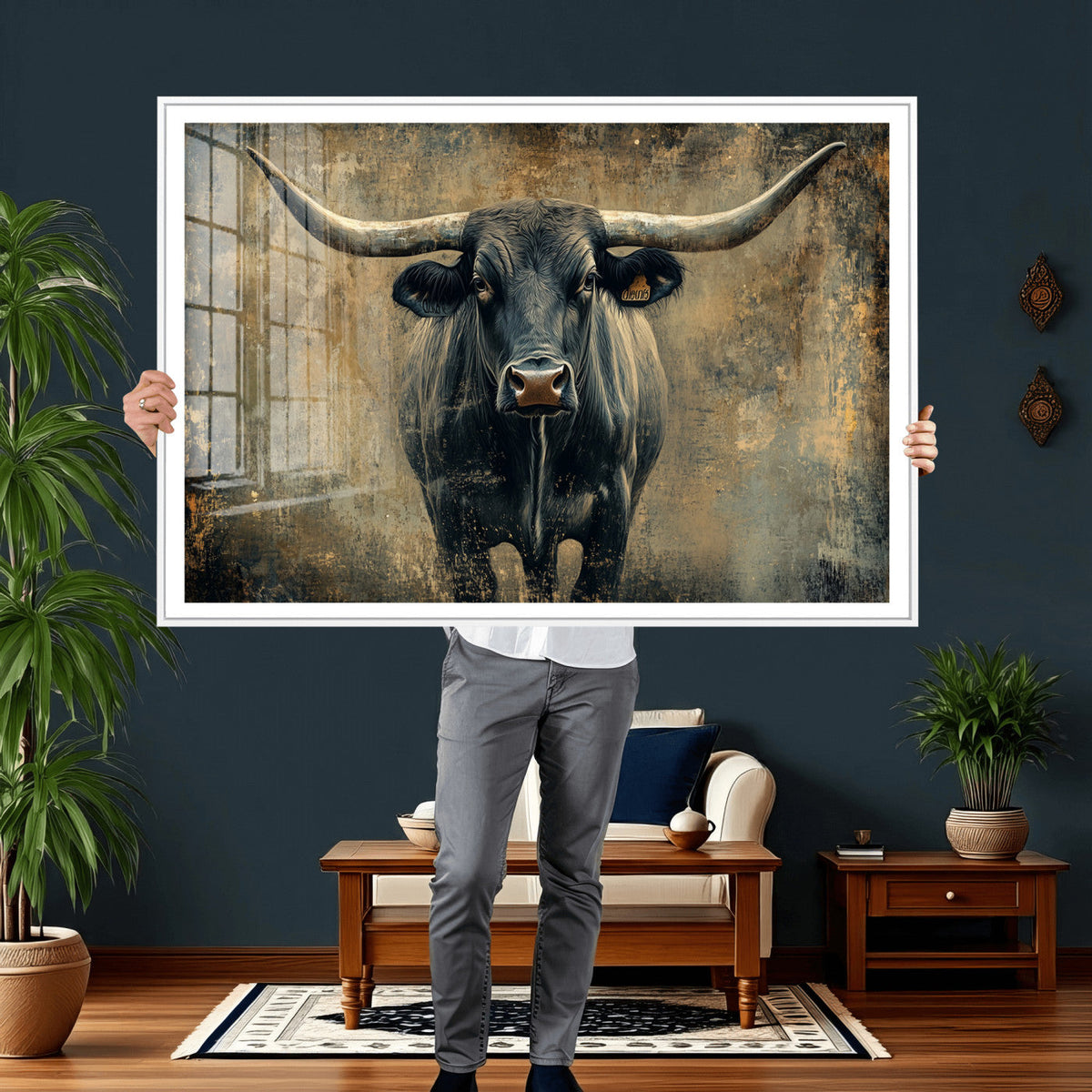 Texas Longhorn Bull Wall Art – Framed Rustic Cow Canvas