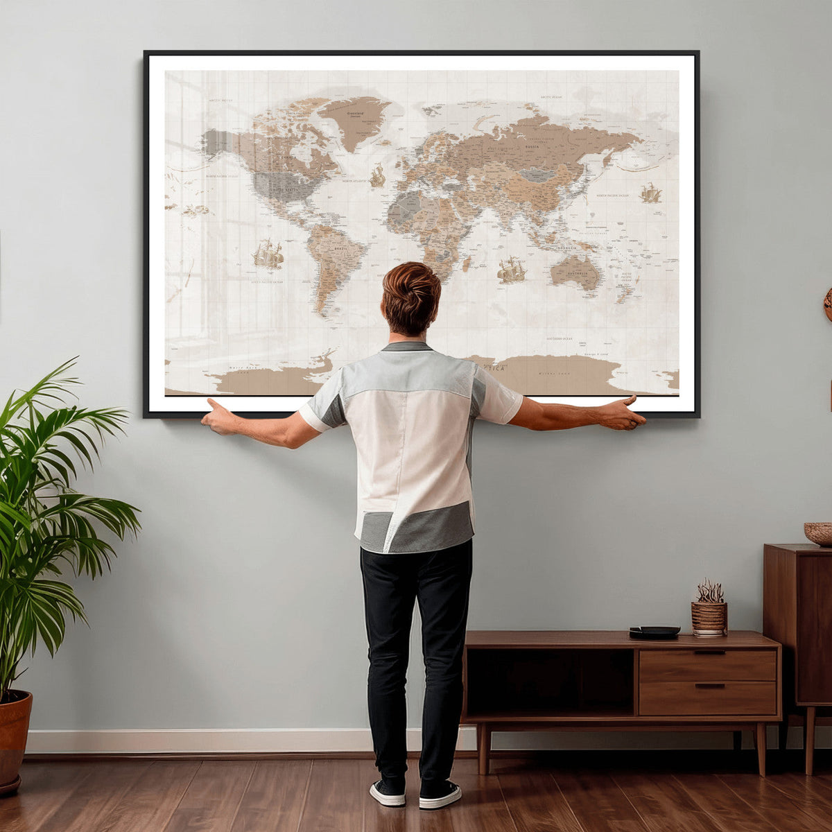 Framed Large World Map Canvas Print for Office Decor