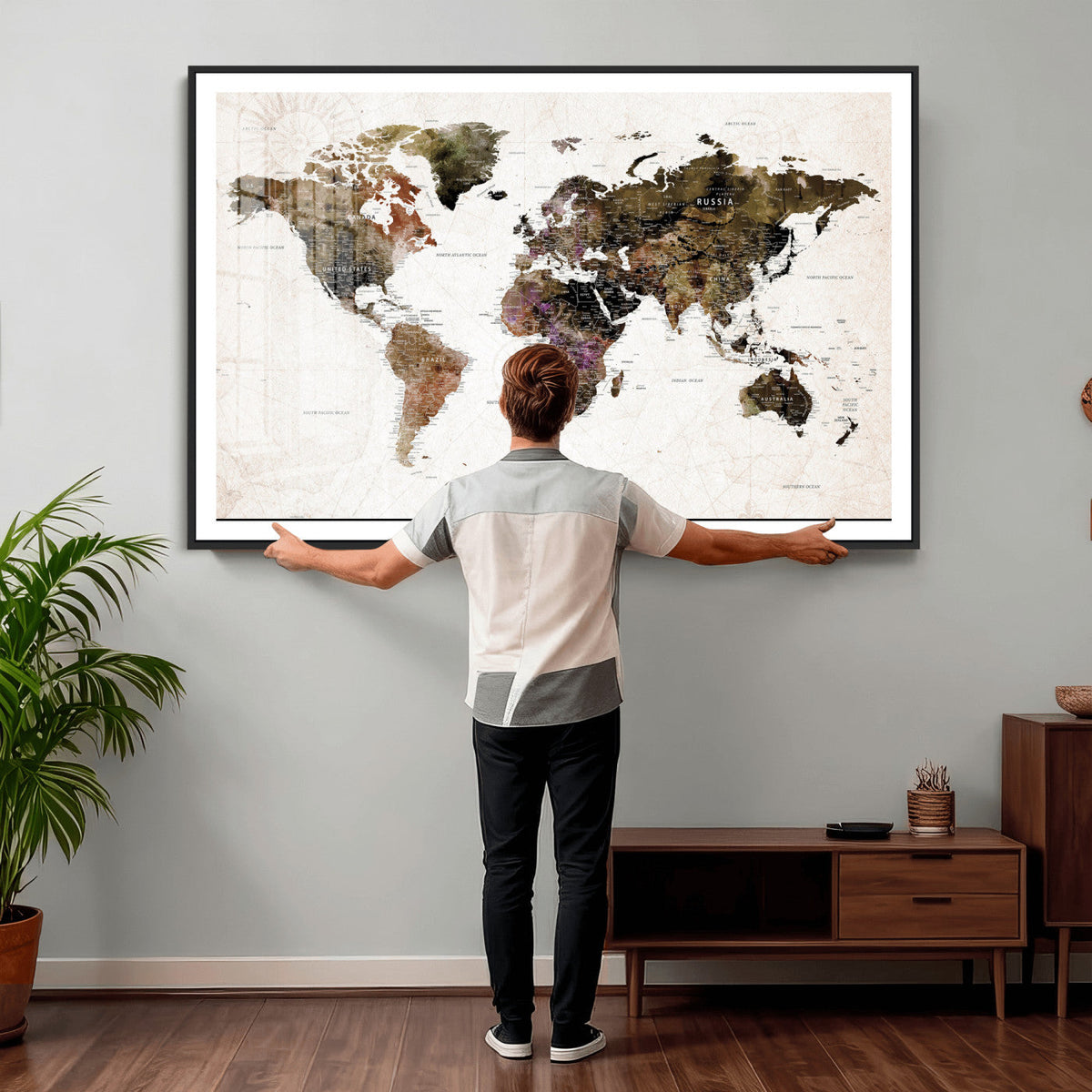 Watercolor World Map Print - Large Wall Art Canvas Print for