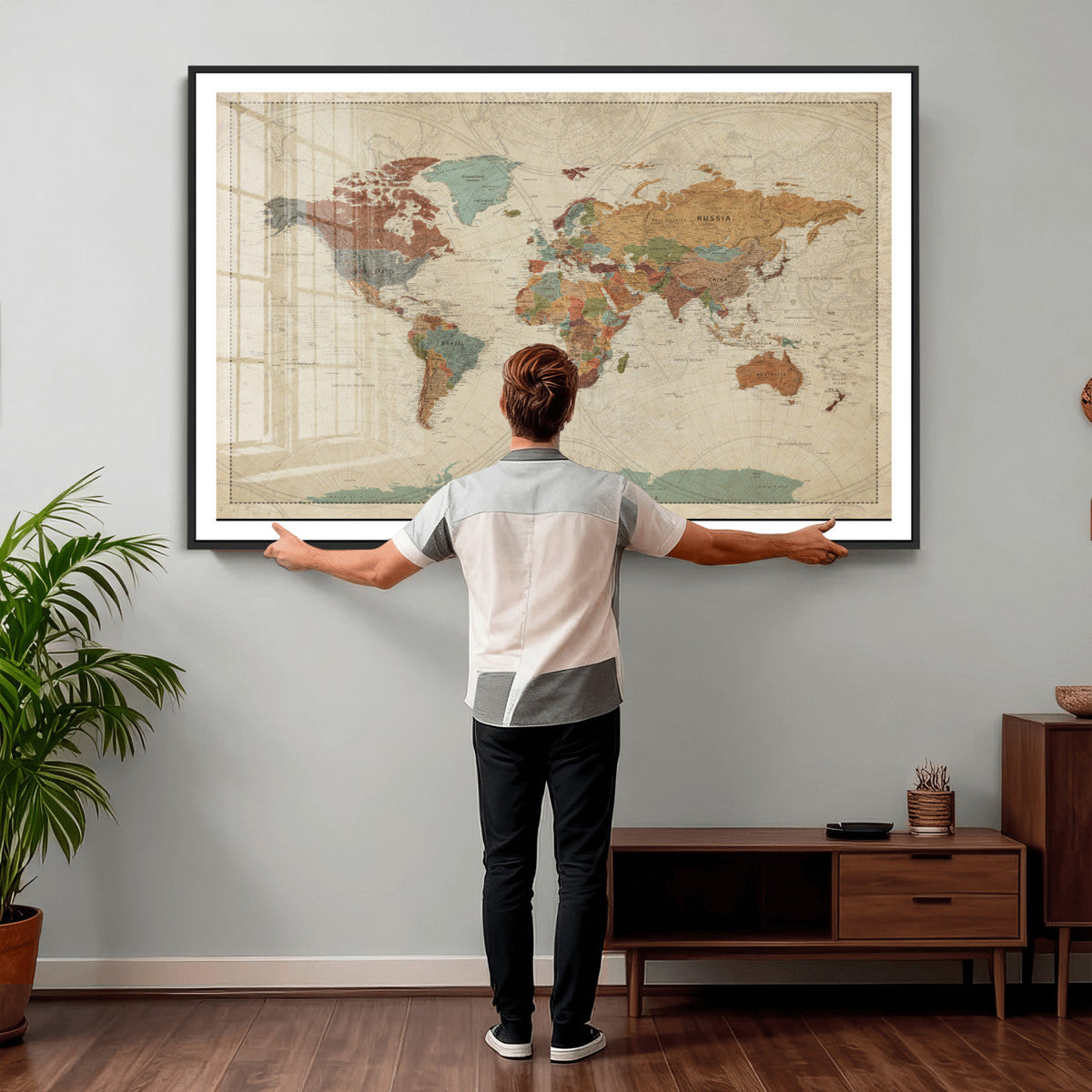 Vintage World Map Canvas Wall Art Print – Framed Modern