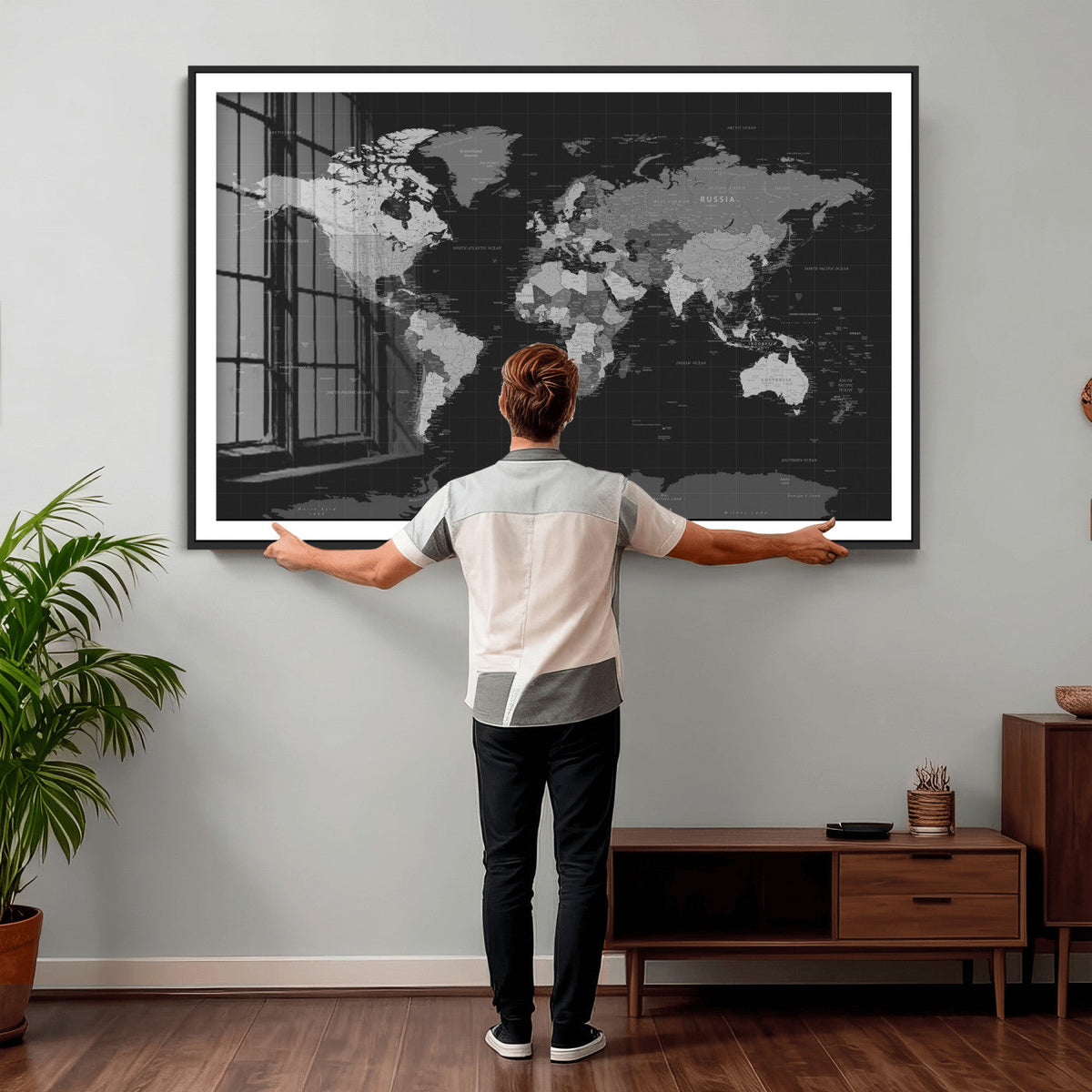 Black World Map Wall Art Canvas Print – Detailed Map of the