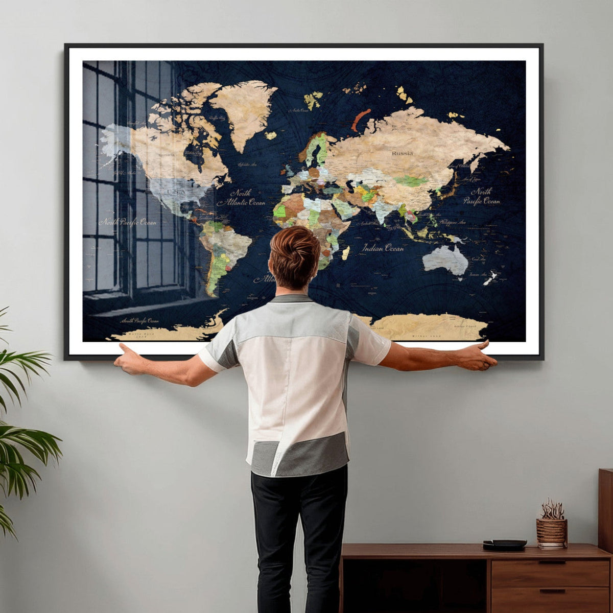 Minimalist World Map Canvas Wall Art - Watercolor Blue and