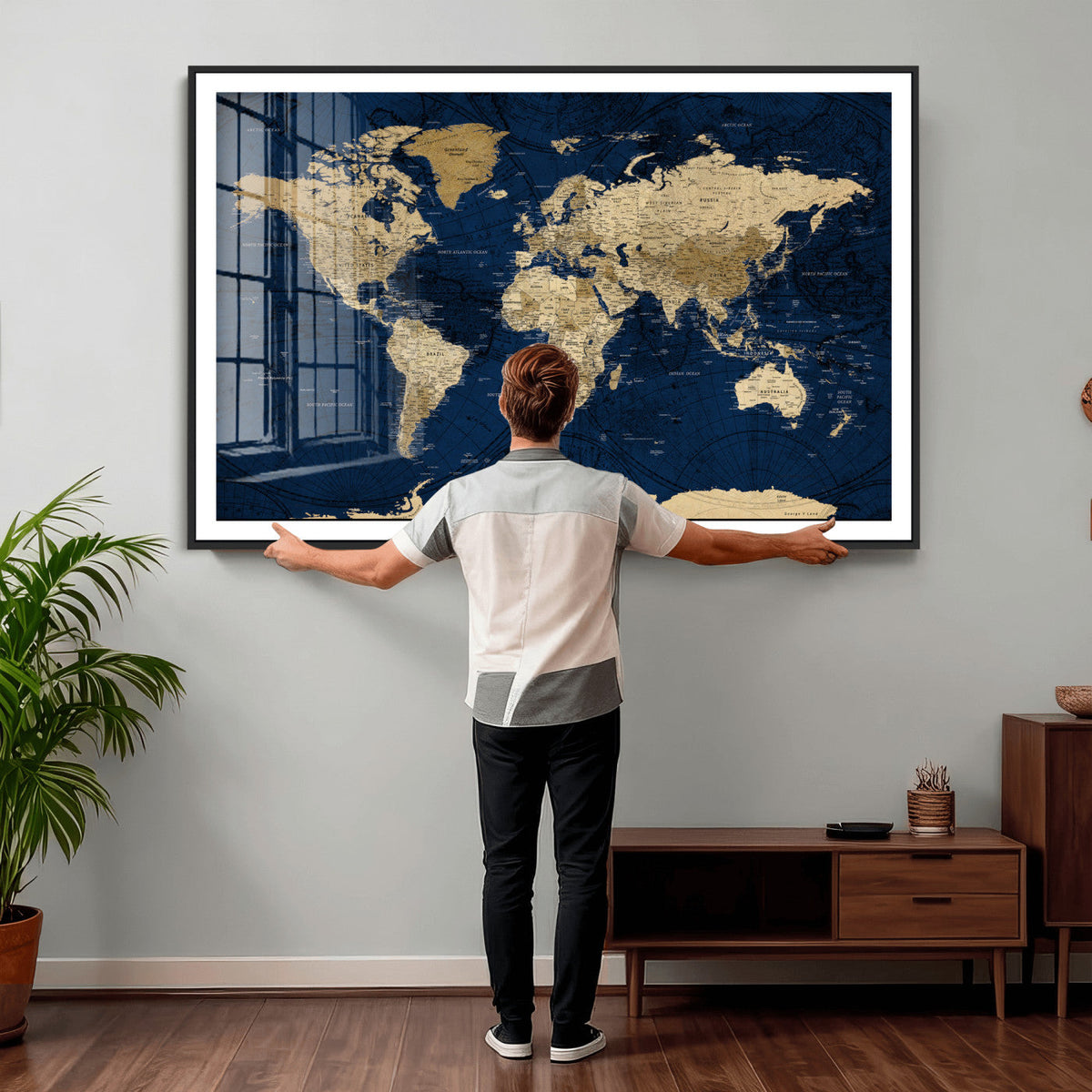 Navy Blue World Map Canvas Print – Detailed Map Minimal Navy