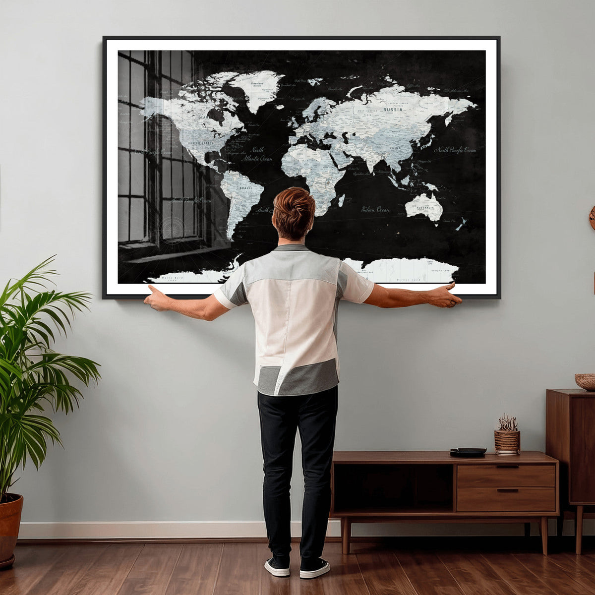 World Map Canvas Print – Framed Push Pin Wall Art, Color