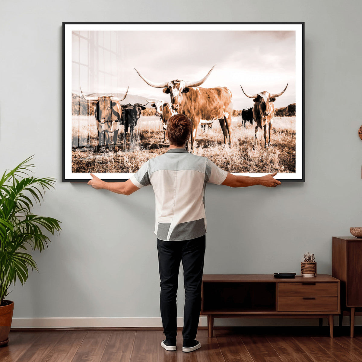 Texas Longhorn Cattle Wall Art Canvas Print, Sepia Western