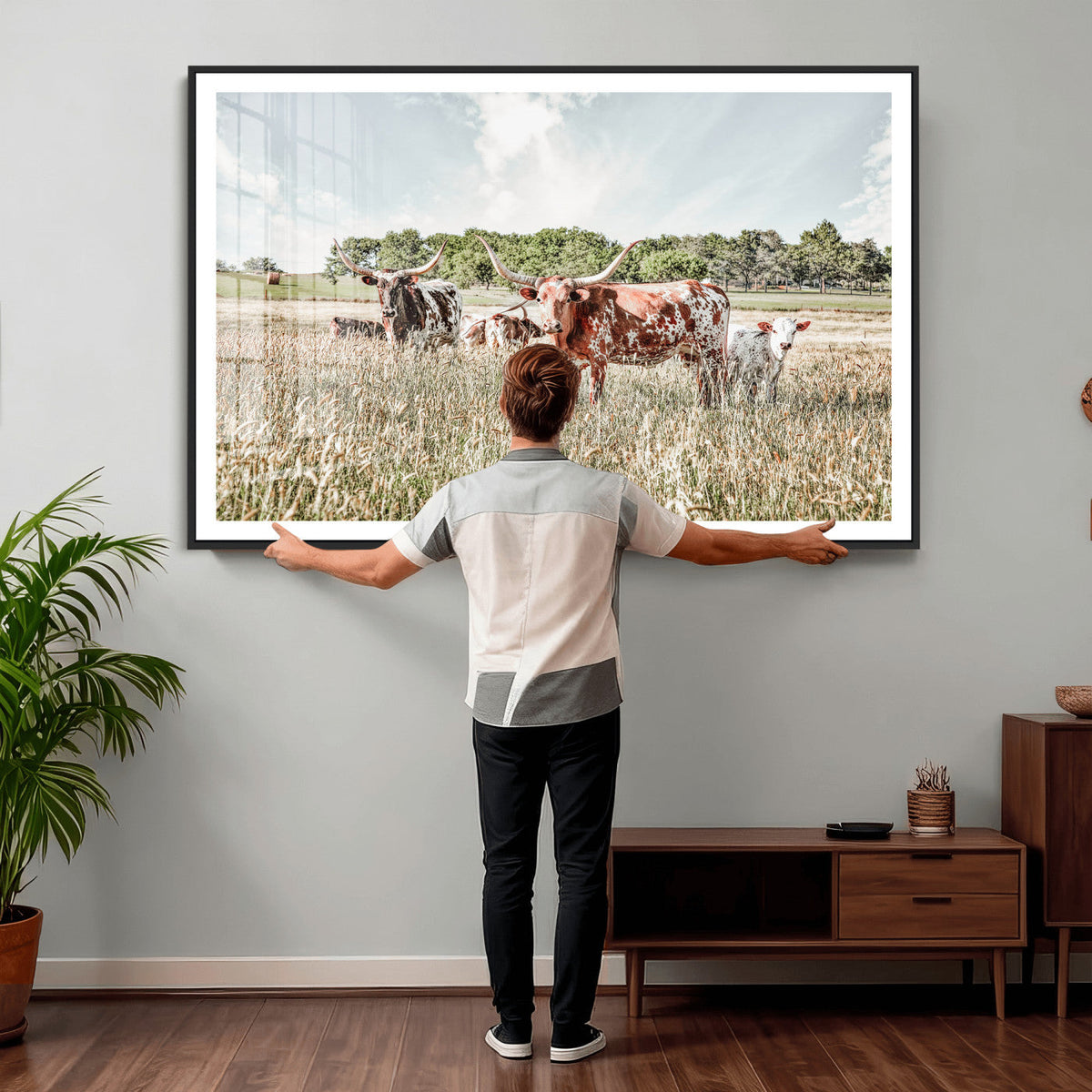 Texas Longhorn Cattle Wall Art Canvas Print, Rustic Ranch