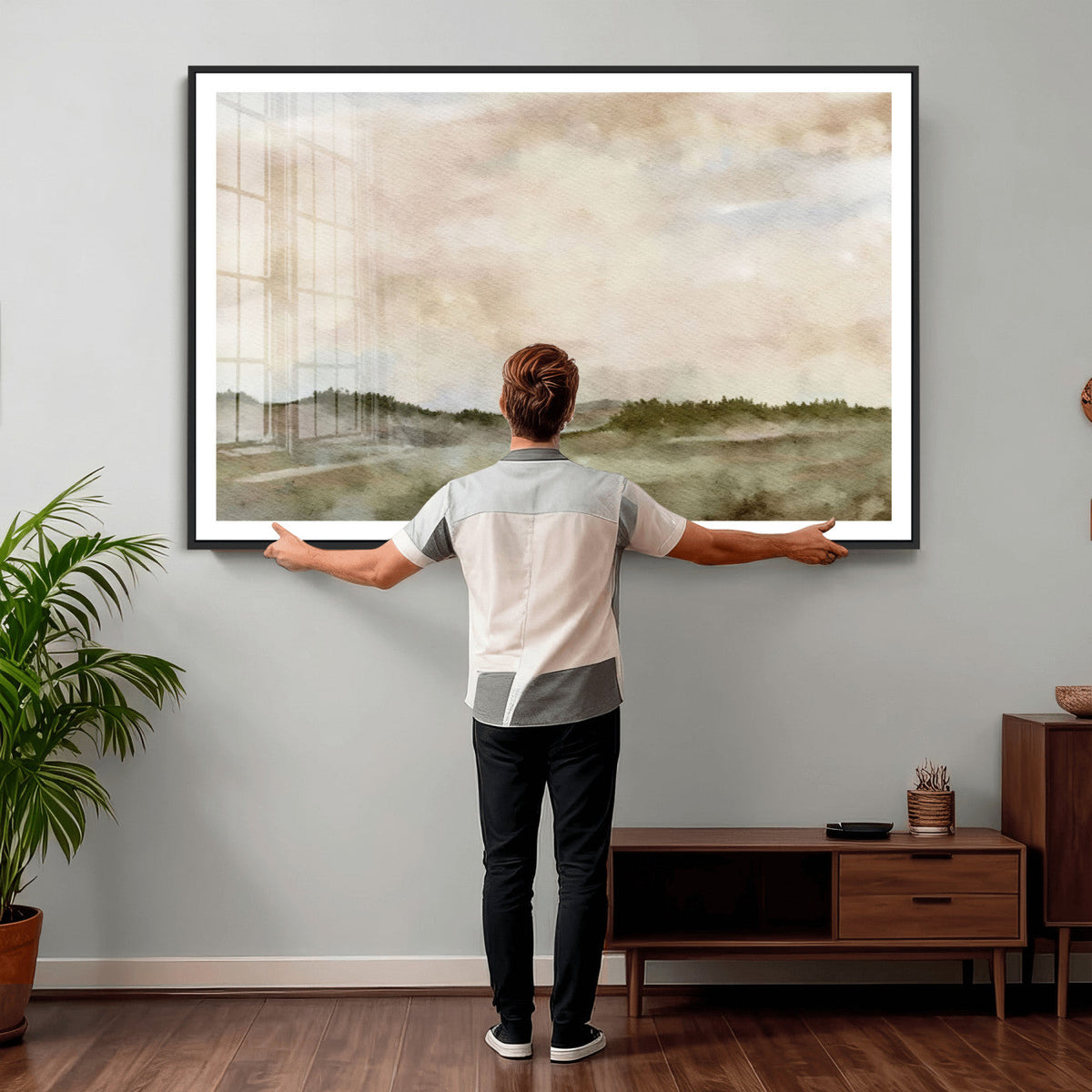 Muted Watercolor Hill Landscape Print — Beige Taupe Cloudy