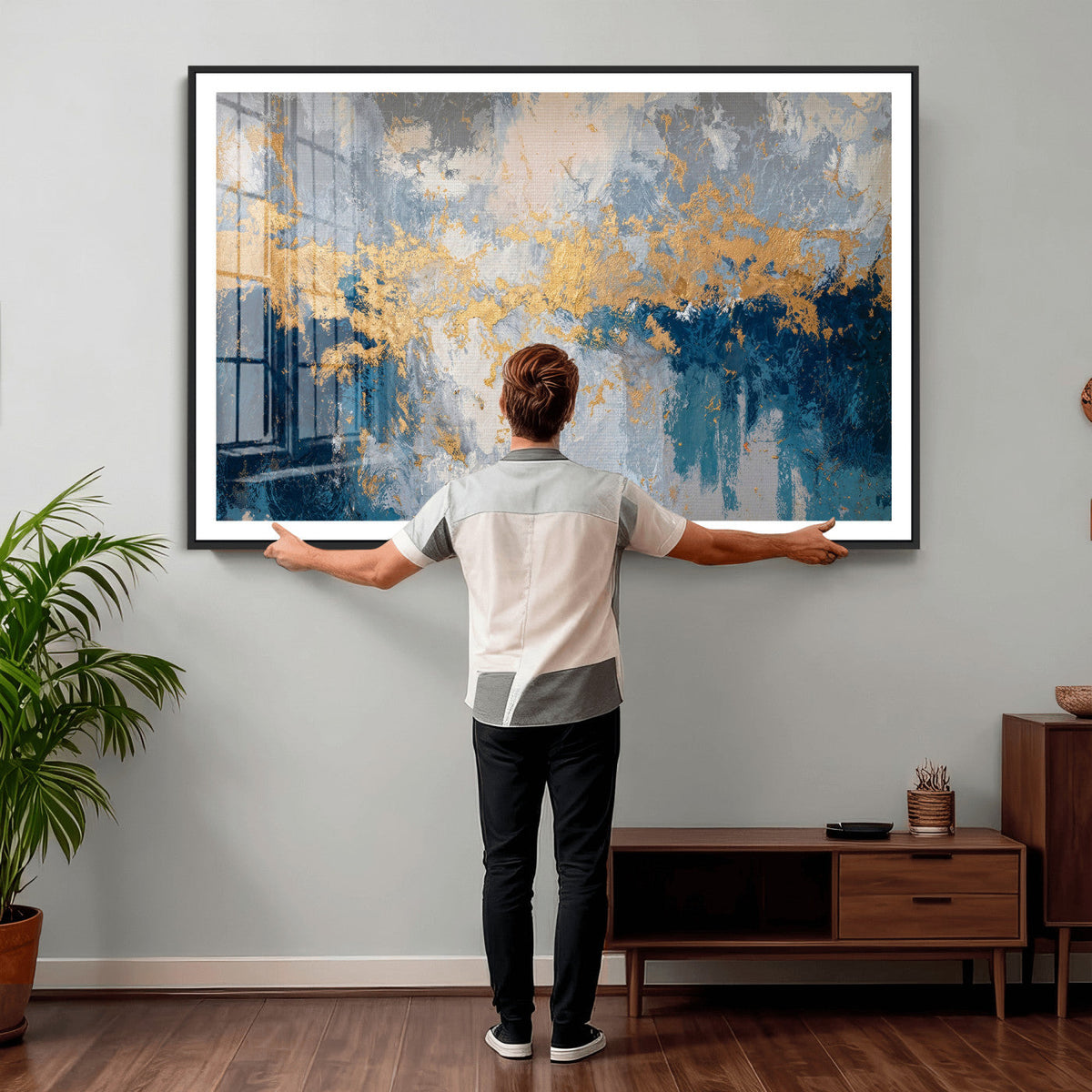 Blue Gold Abstract Large Framed Canvas Wall Art, Modern