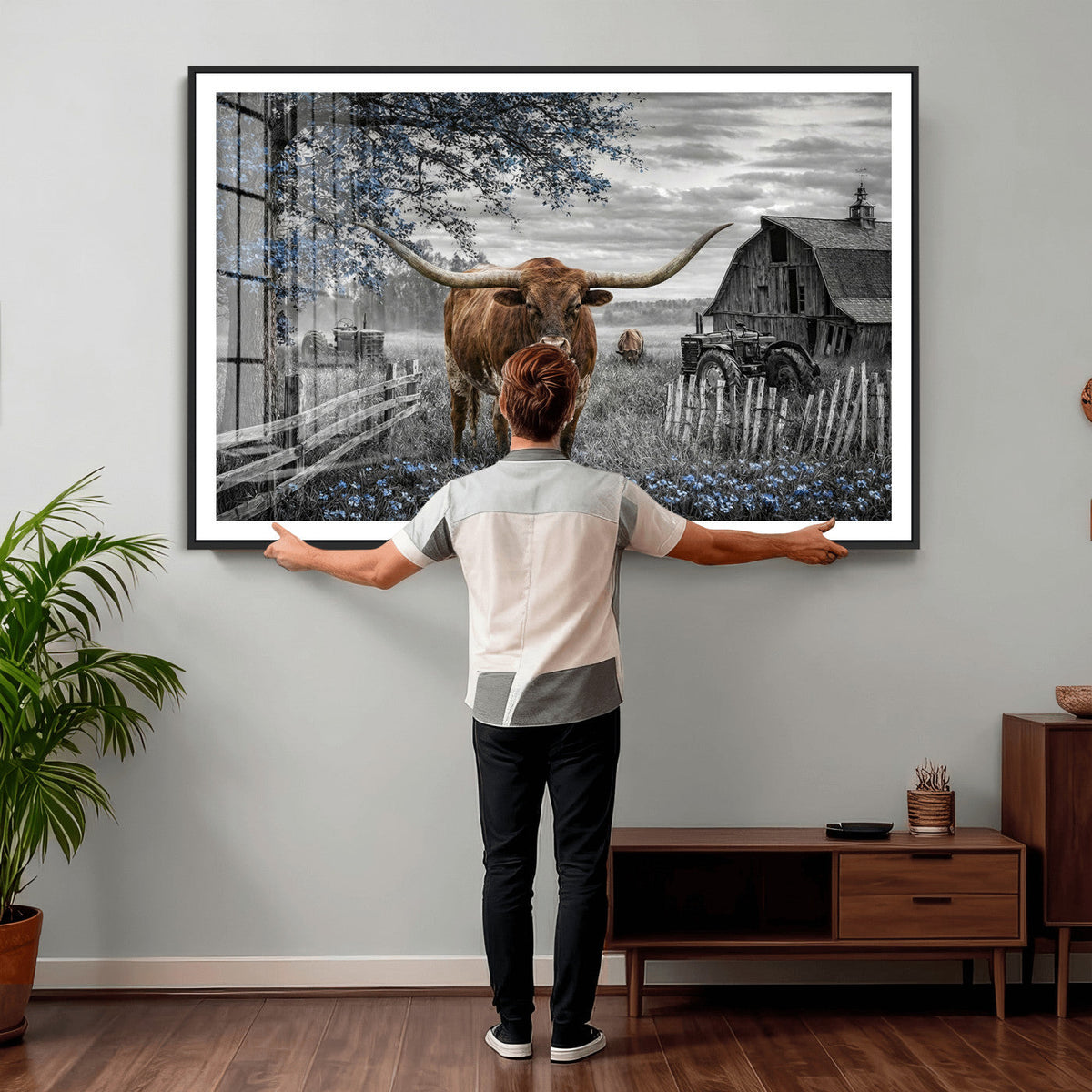 Texas Longhorn Canvas Wall Art, Rustic Farm Barn Bluebonnet
