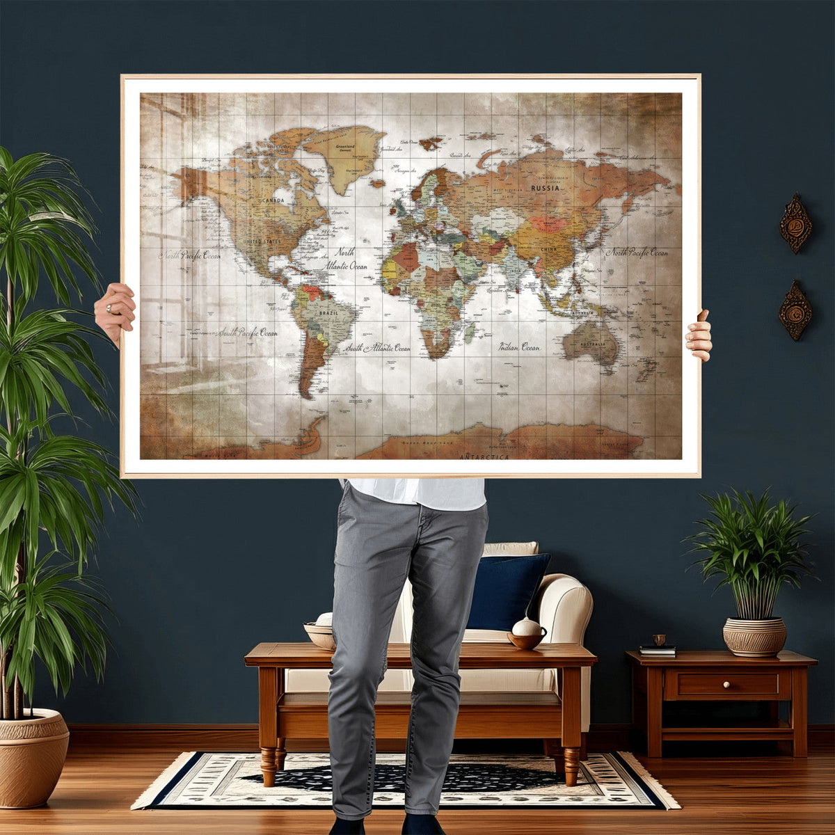 Vibrant Watercolor World Map Canvas Wall Art – Framed Travel