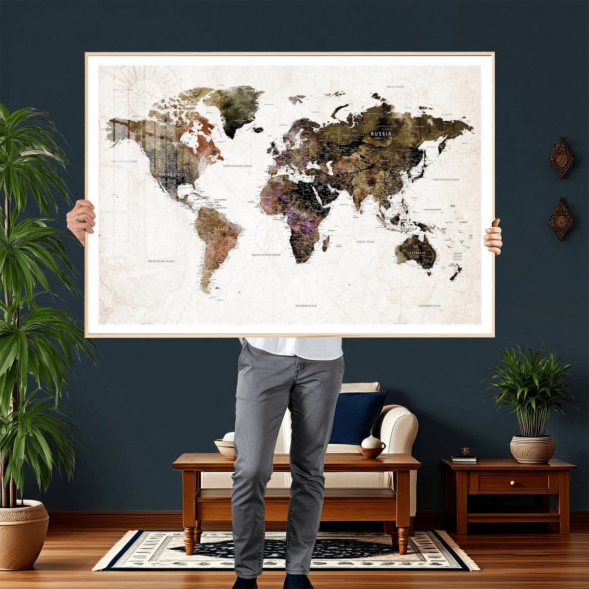 Watercolor World Map Print - Large Wall Art Canvas Print for
