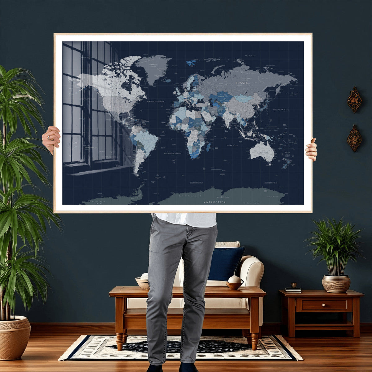 Blue Detailed World Map Wall Art Canvas Print, Modern Framed