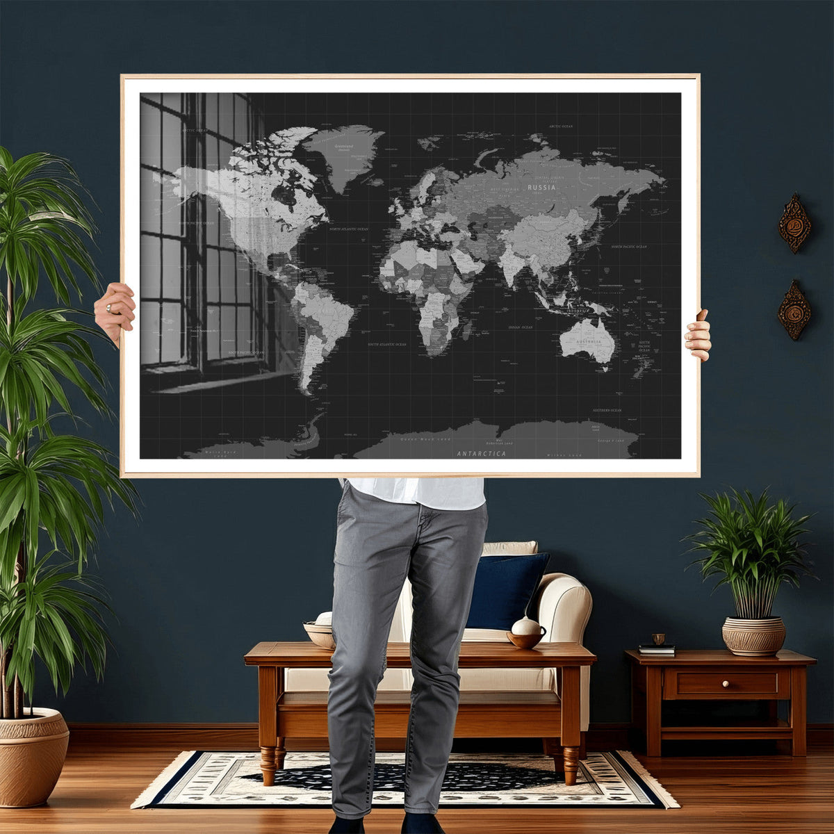 Black World Map Wall Art Canvas Print – Detailed Map of the