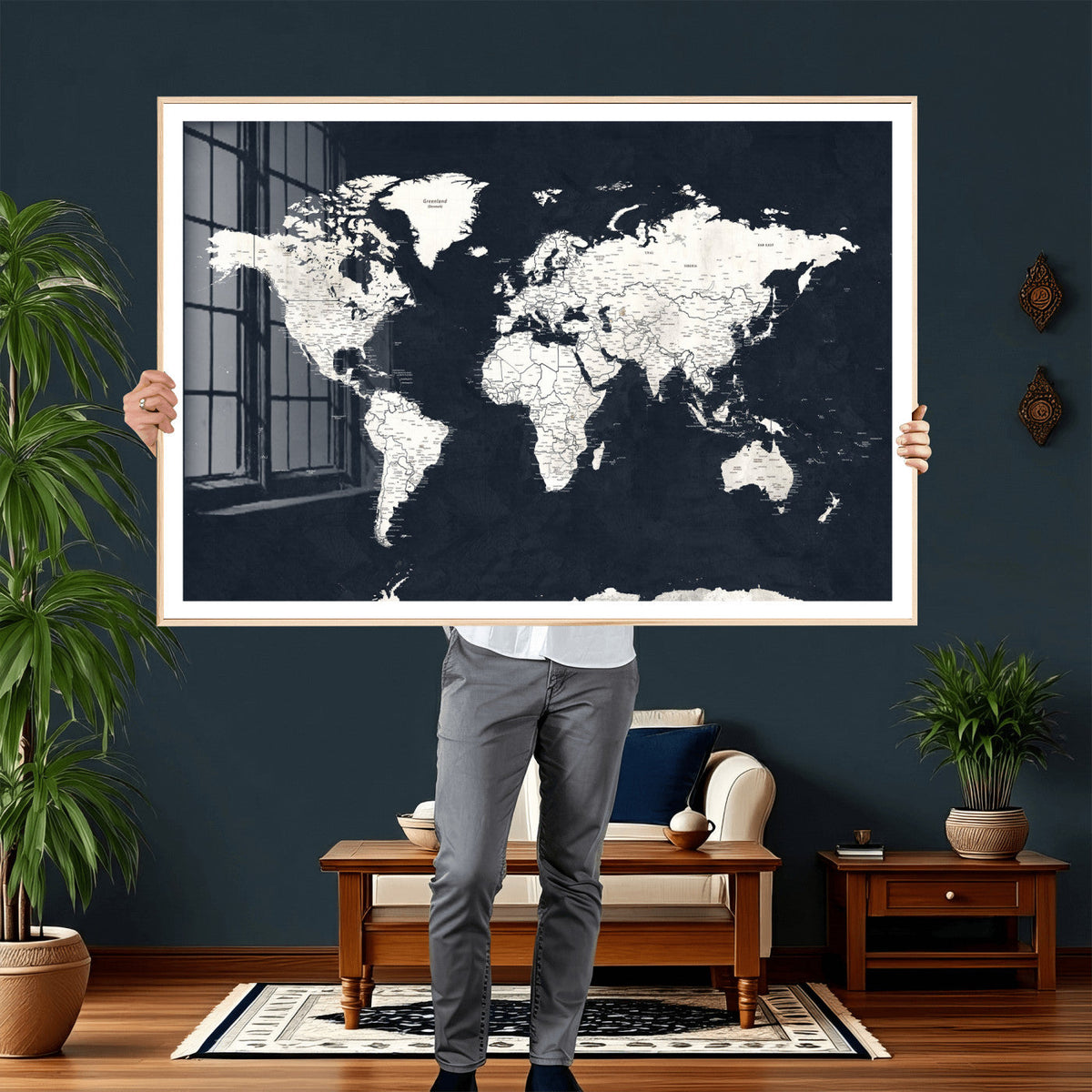 Black World Map Wall Art Canvas Print for Home Office and