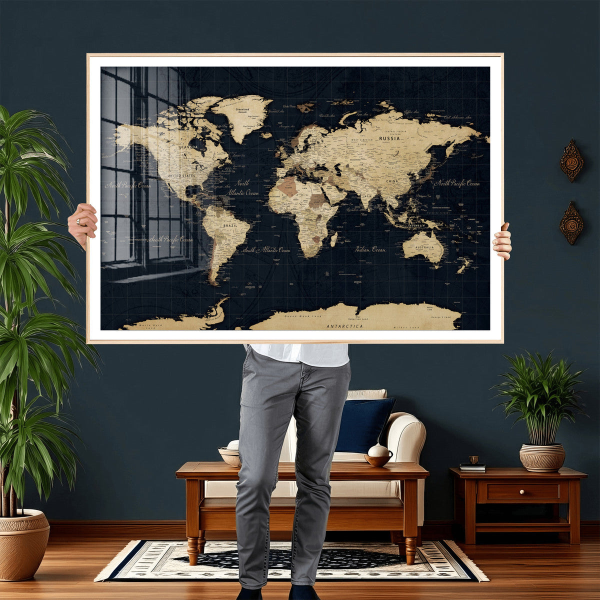 Dark World Map Canvas Wall Art Print, Minimal Black and Gold