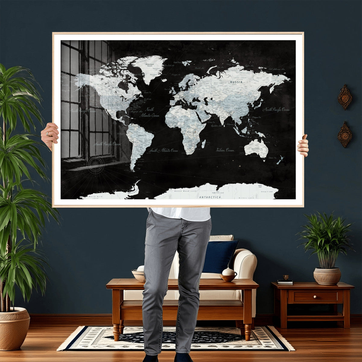 World Map Canvas Print – Framed Push Pin Wall Art, Color