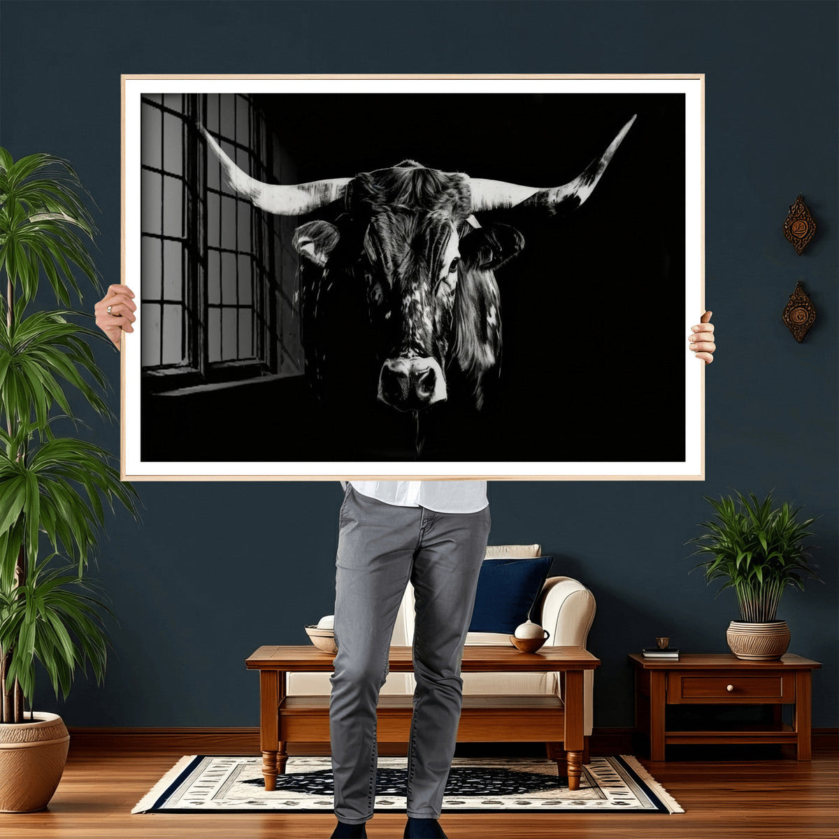 Black Bull Wall Art Canvas Print, Dark Longhorn Portrait