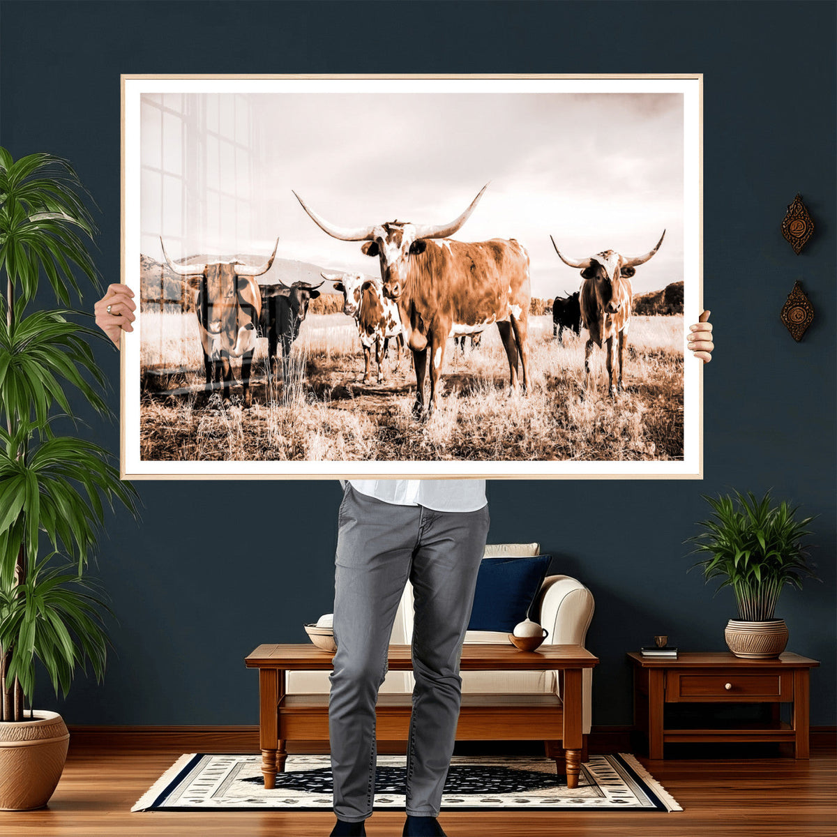 Texas Longhorn Cattle Wall Art Canvas Print, Sepia Western