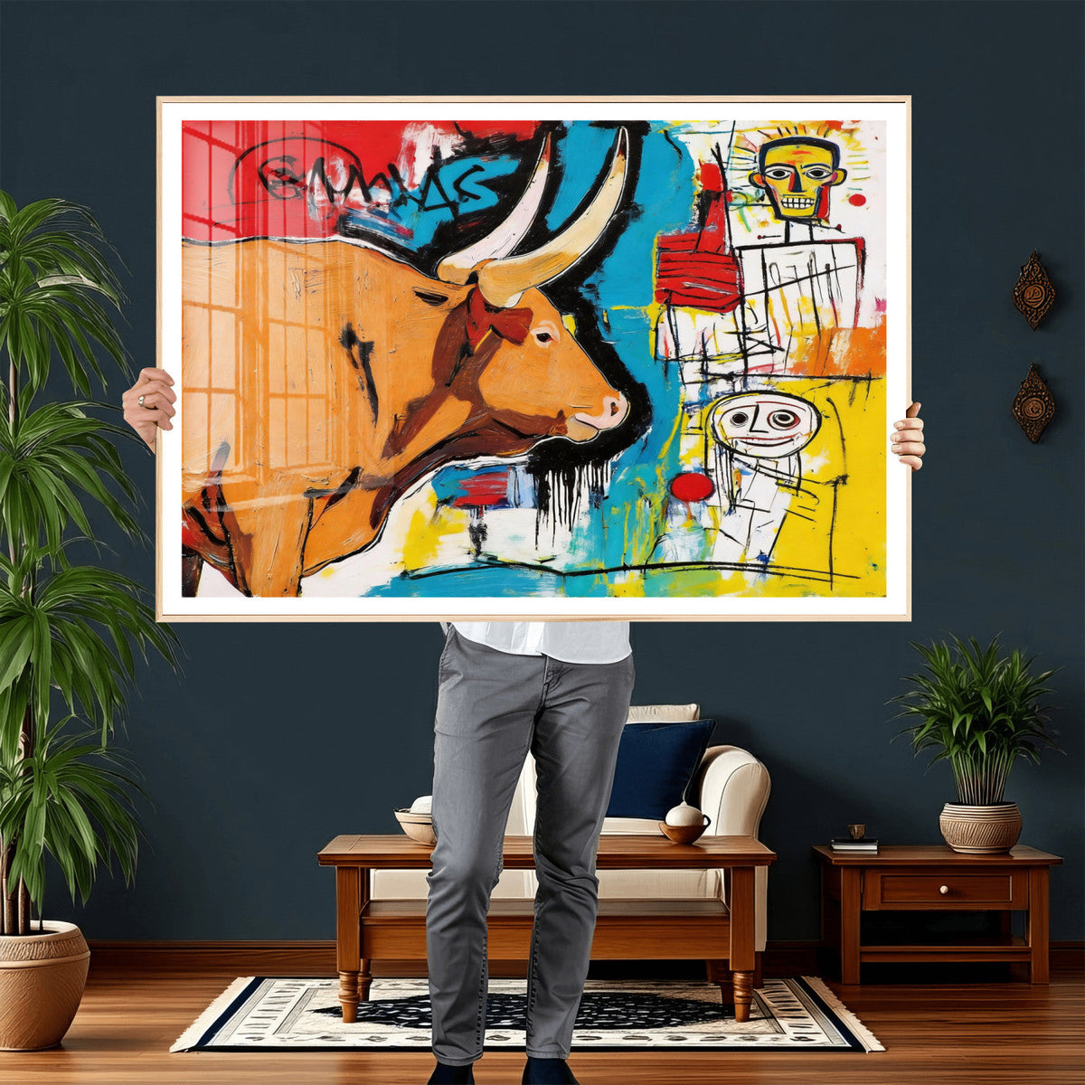 Basquiat Style Bull Graffiti Wall Art Canvas Print, Street