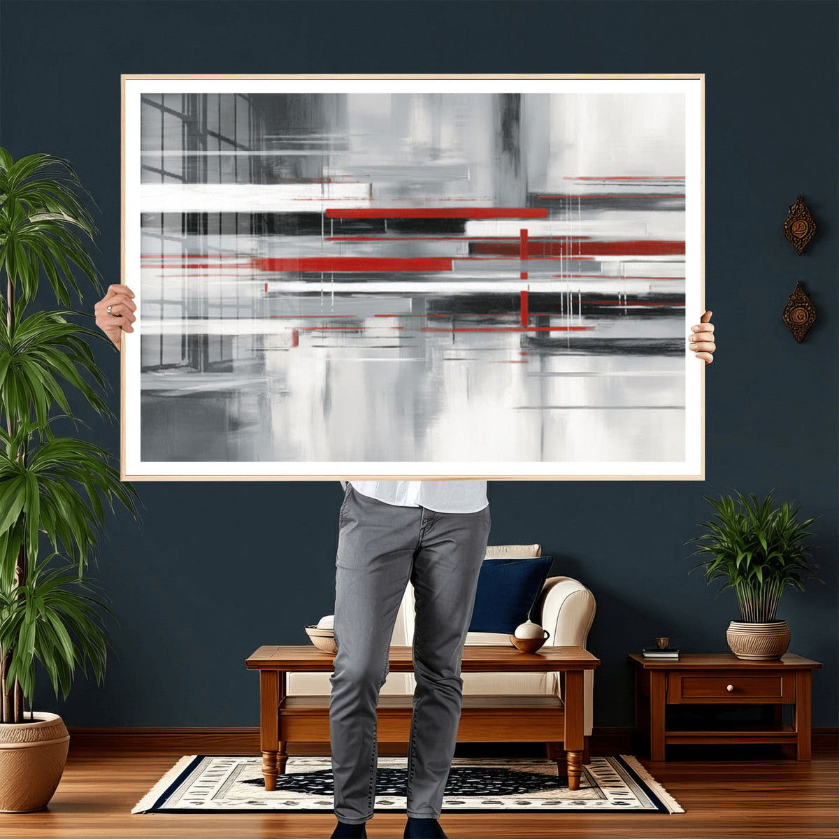 Gray Red Abstract Wall Art Canvas Print, Modern Abstract