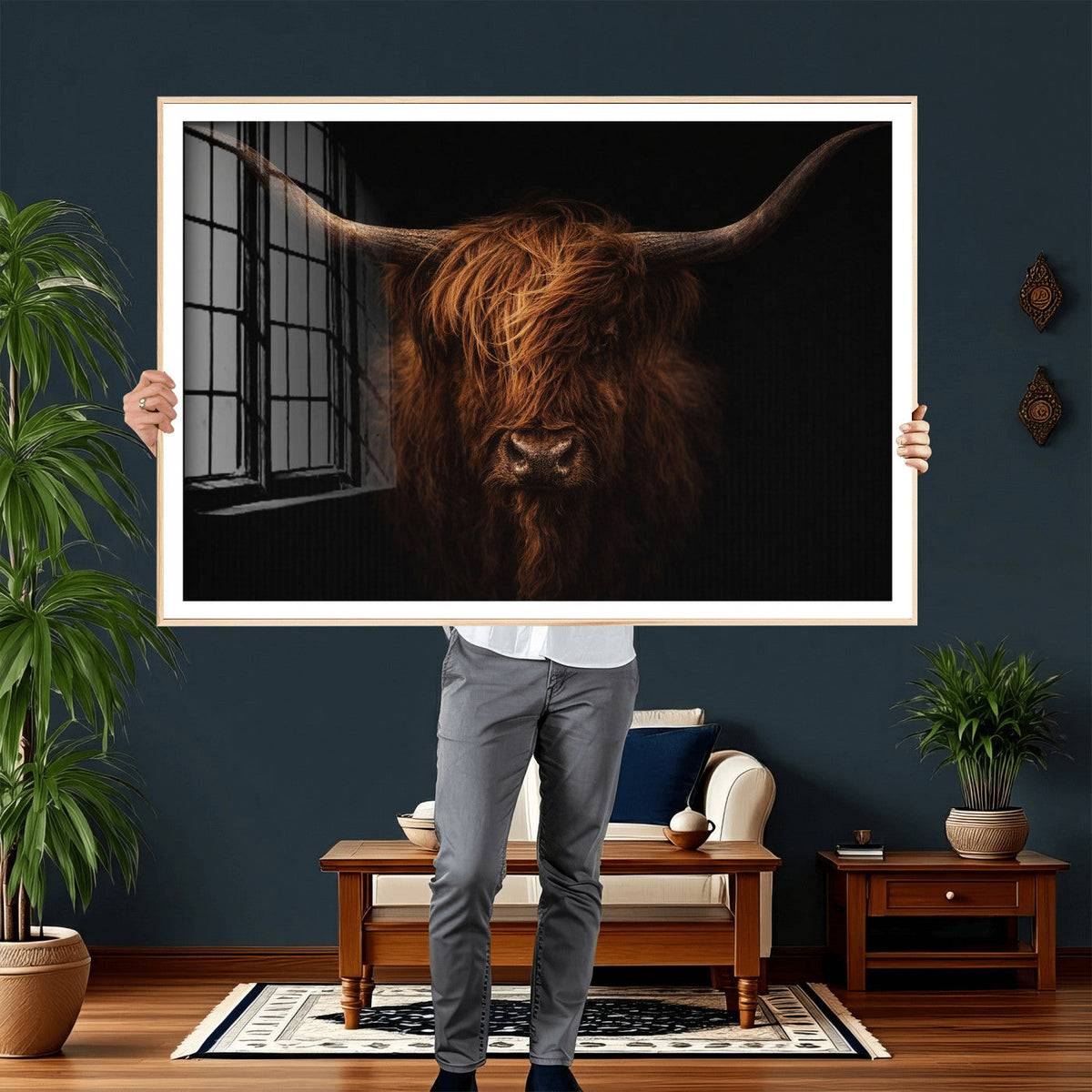 Highland Cow Wall Art Canvas Print – Moody Dark Rustic