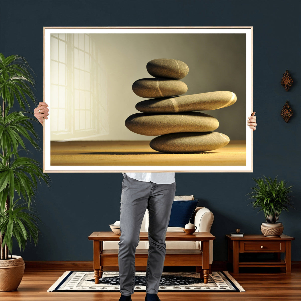 Zen Stone Wall Art Canvas Print, Balanced Rock Stack Framed