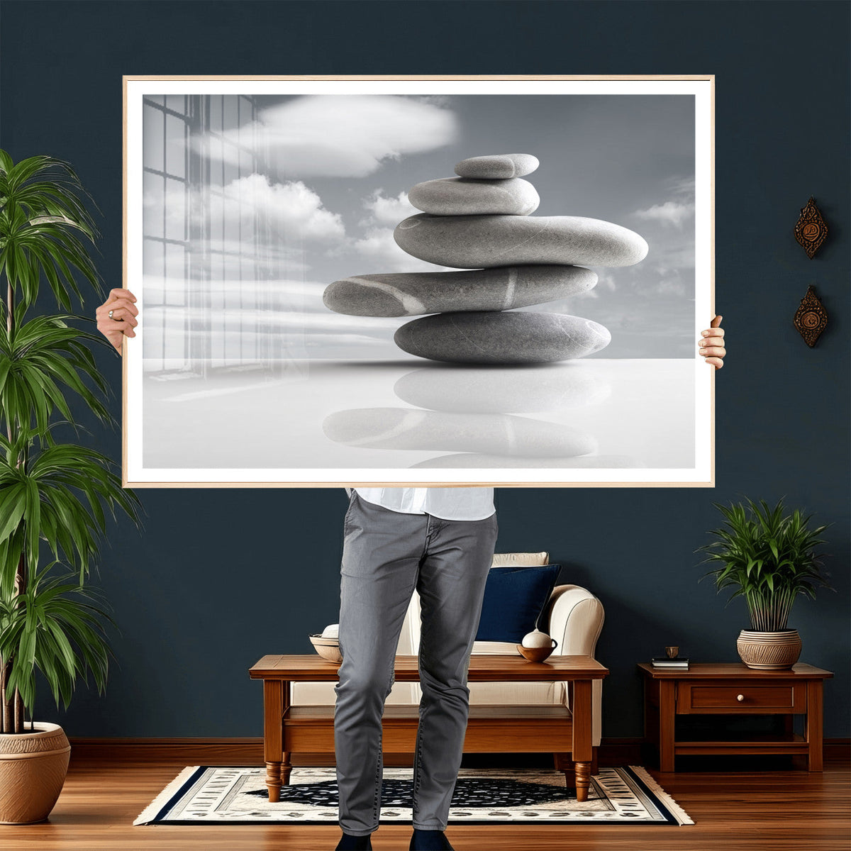 Zen Stone Wall Art Canvas Print, Balanced Rock Stack Framed