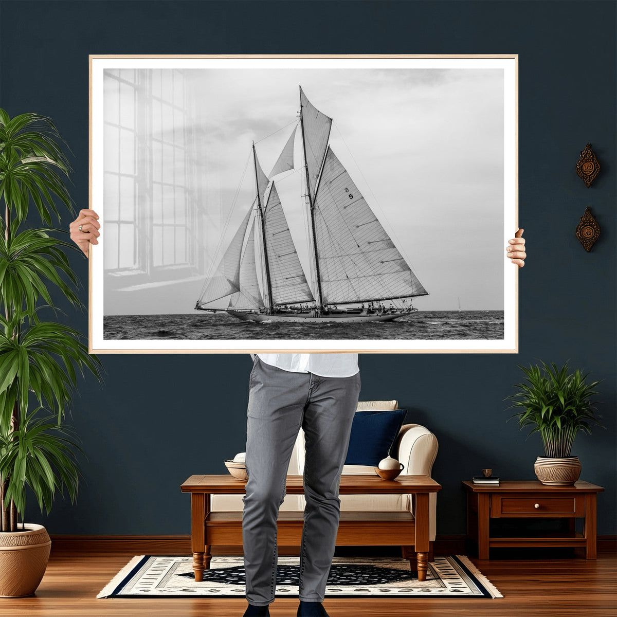 Vintage Sailboat Wall Art Canvas Print, Black and White