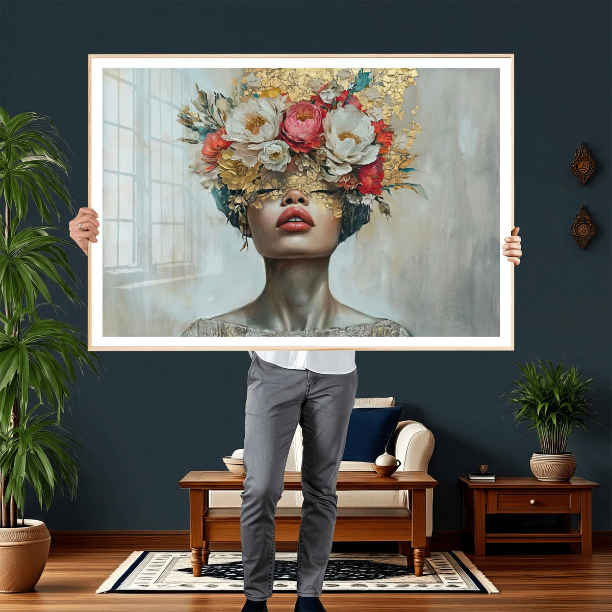 Golden Petal Wall Art Canvas Print - Silhouette Woman Wall