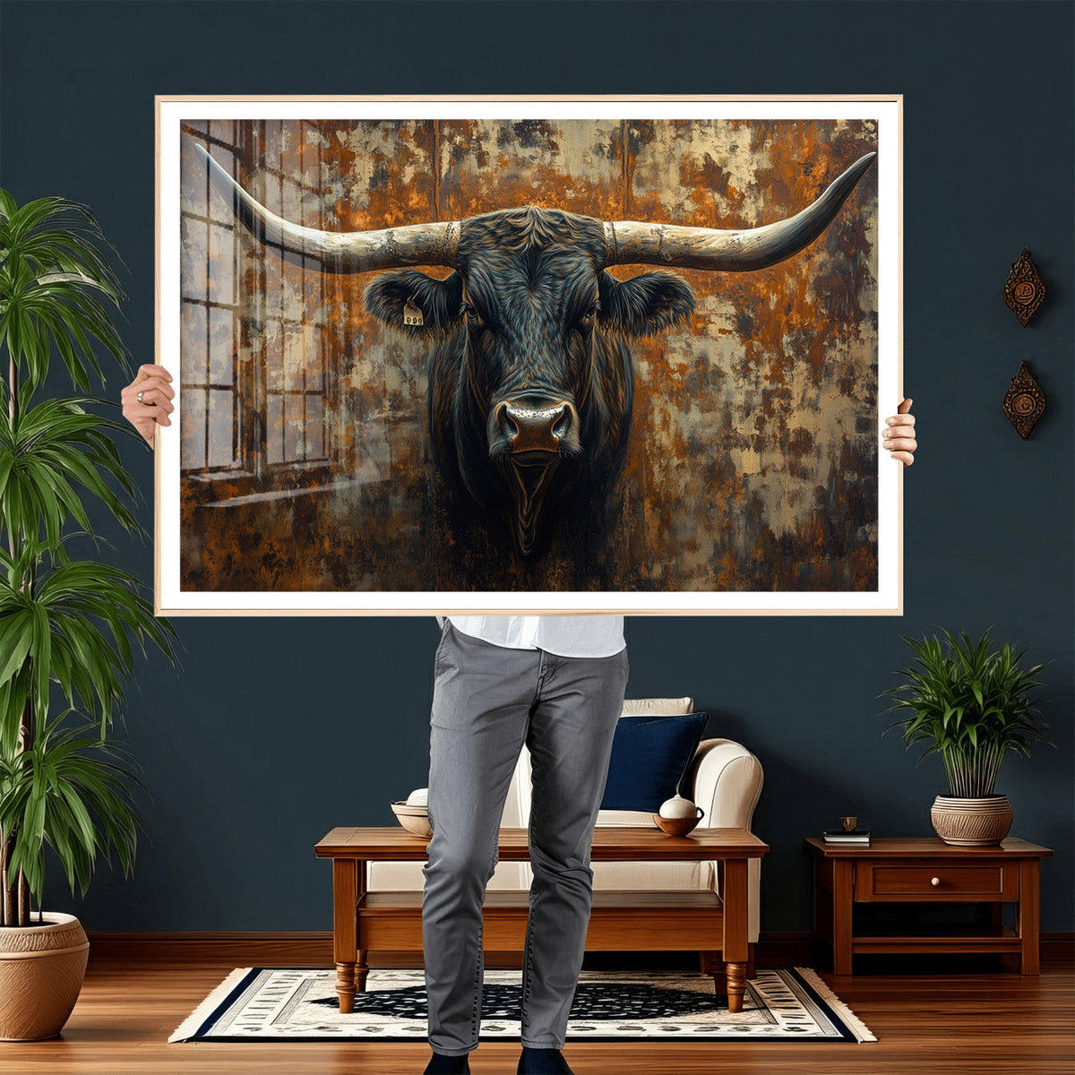 Longhorn Texas Cow Bull Wall Art | Rustic Farmhouse Canvas