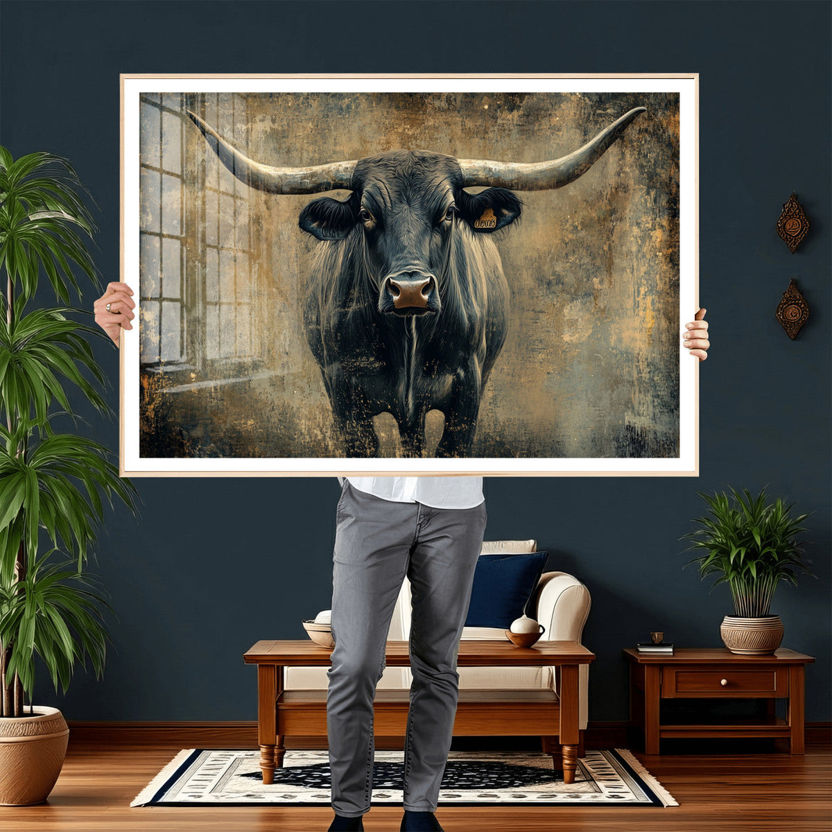 Texas Longhorn Bull Wall Art – Framed Rustic Cow Canvas