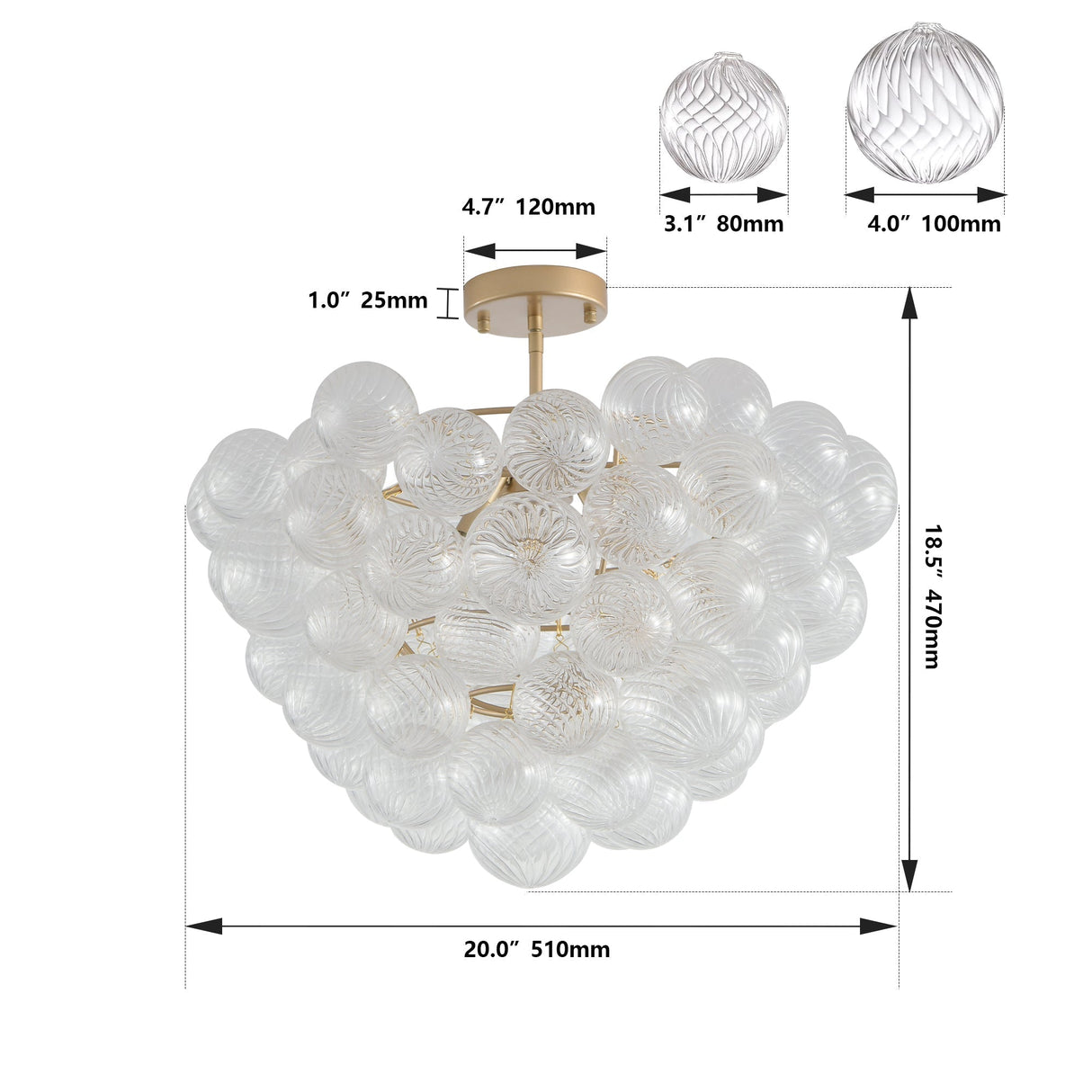 20-Inch Gold Ceiling Pendant Light with Threaded Clear Glass Globe Shade – Ideal for Living RoomDining RoomKitchen (Non Adjustable HeightNo Bulbs)